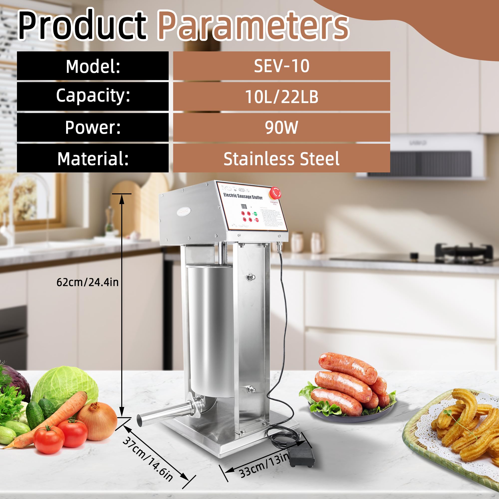 Commercial 22LB Stainless Steel Electric Sausage Stuffer - Vertical Sausage Filling Machine for Home Butchering, Deli & Meat Processing - Perfect for Sausage Making, Jerky, and Ground Meat Stuffing