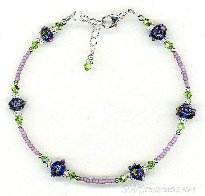 Peridot Crystal Cobalt Blue Beaded Anklet Bracelet - Handmade Bohemian Ankle Jewelry for Women, Beach Vacation & Summer Festival Accessories