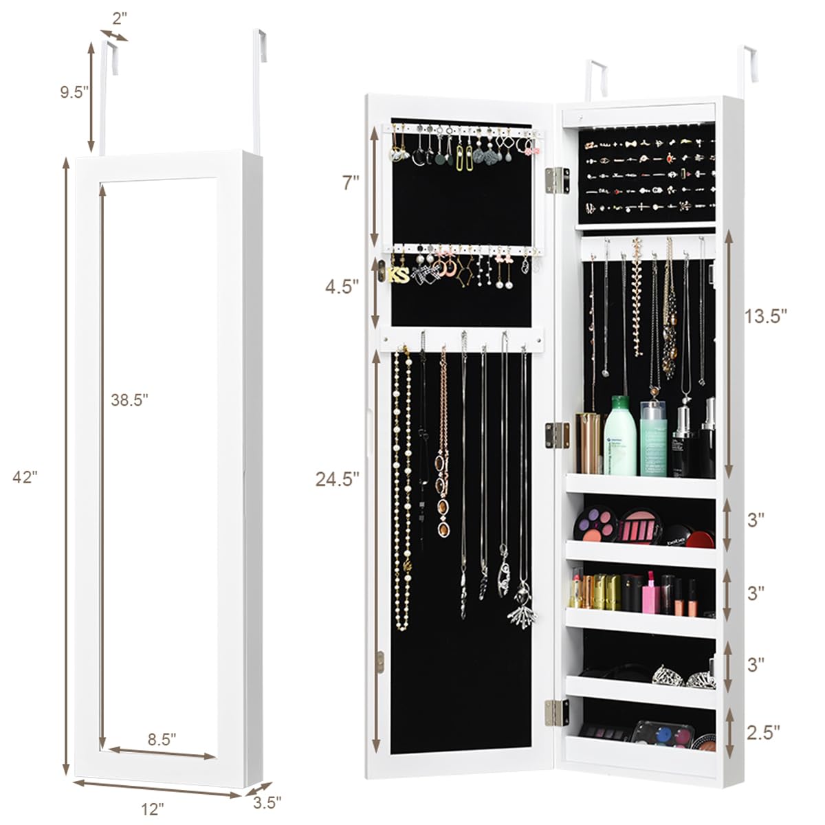 Giantex 12 LED Jewelry Armoire with Full-Length Mirror - Wall Mounted Jewelry Cabinet Organizer with Ring Slots, Earring Holders, Necklace Hooks & 5 Storage Shelves - Large Capacity Jewelry Storage for Bedroom, Closet, Dressing Room & Vanity Organization