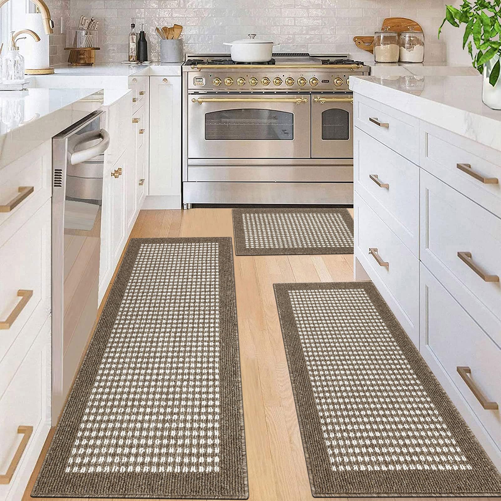 **Ileading 3-Piece Non-Slip Kitchen Mat Set - Minimalist 3D Lattice Design, Machine Washable, Farmhouse Style Floor Rugs for Kitchen, Laundry, Hallway & Entryway (Brown)**    *Perfect for adding comfort and style to high-traffic areas while preventing slips and spills!*