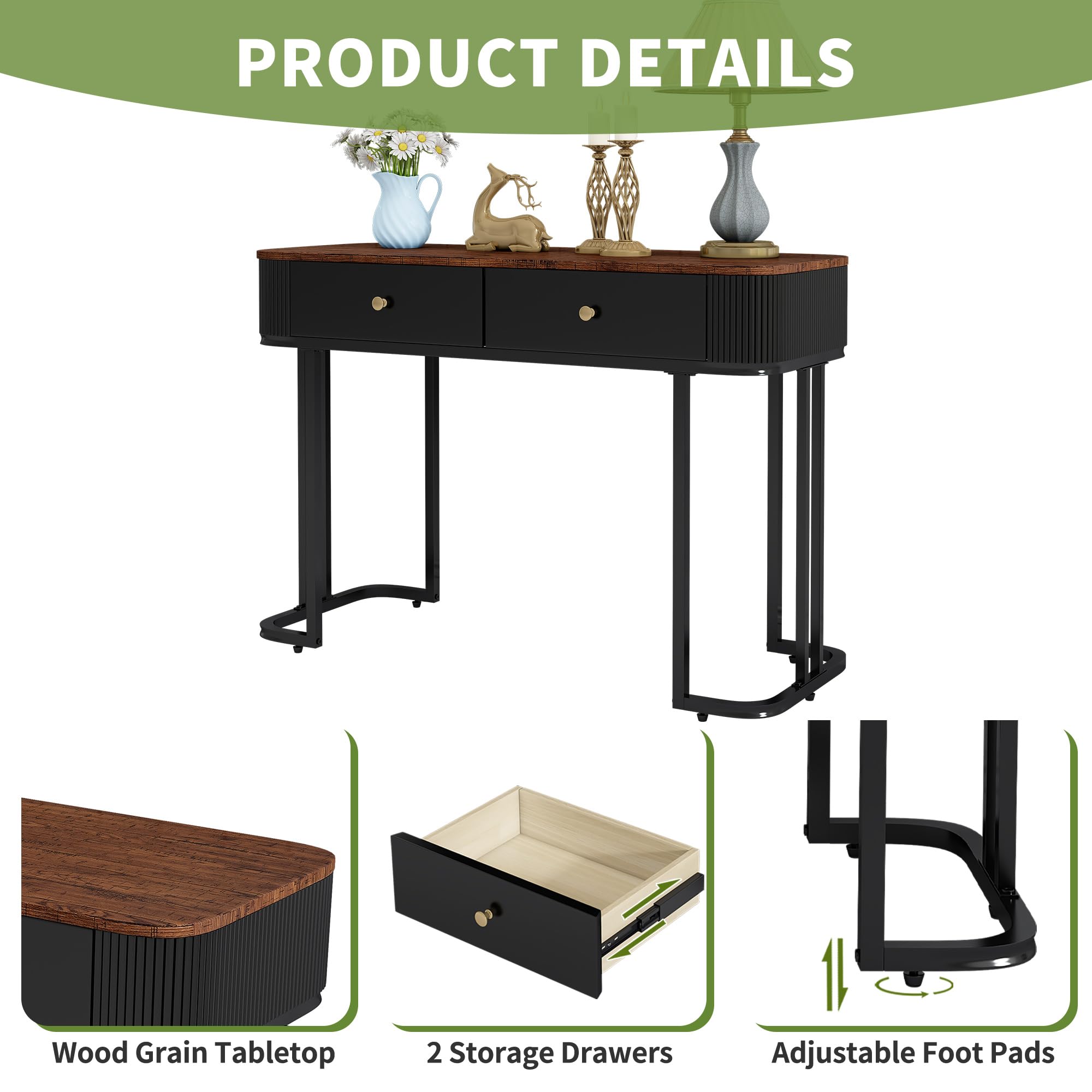 Modern OIOG Console Table with 2 Drawers - Wood Grain Sofa Table for Entryway, Living Room & Bedroom - Multi-Functional Storage Desk as Makeup Vanity or Small Computer Workstation (Brown/Black) - Perfect for Small Spaces, Apartments & Home Offices