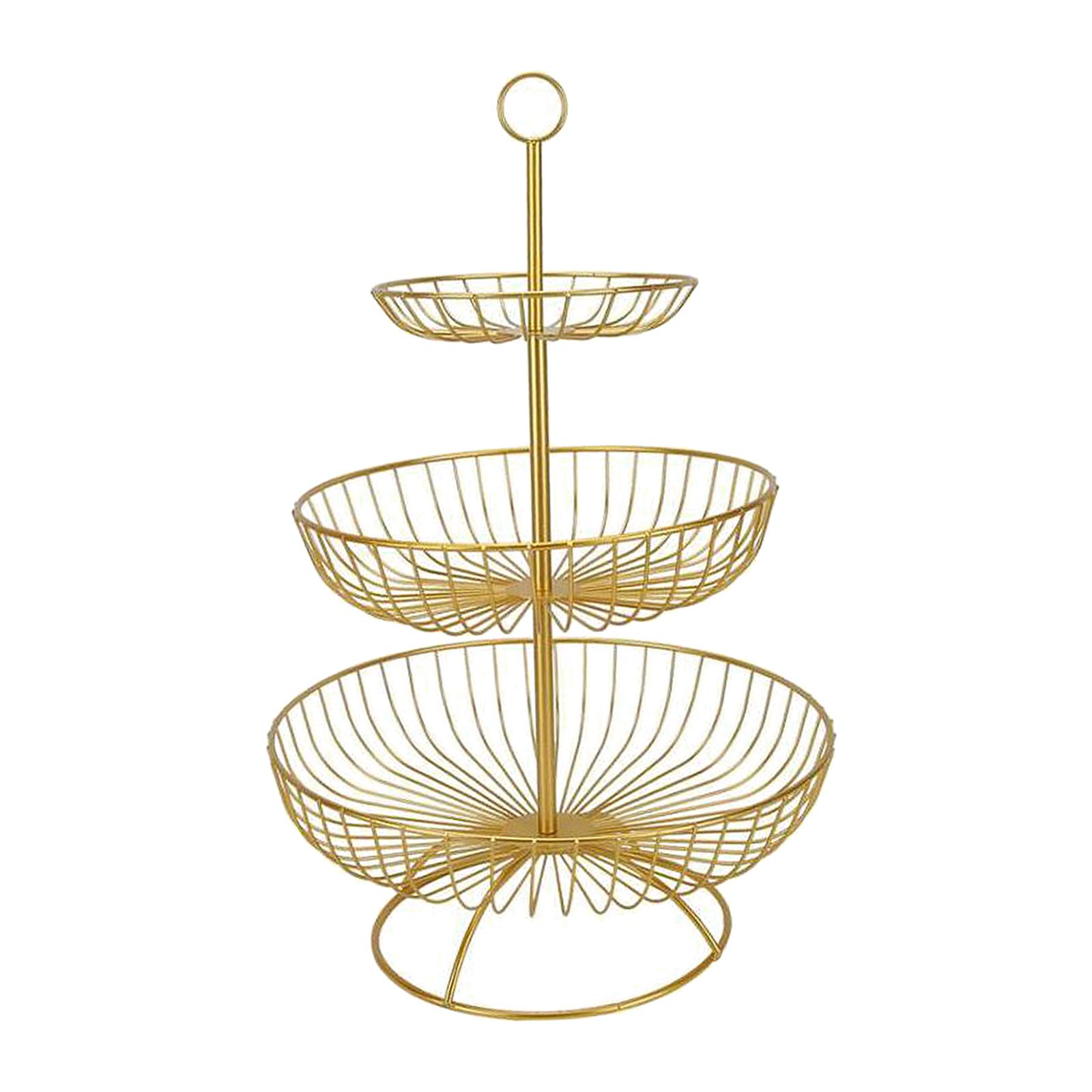 FAKEME 3-Tier Metal Fruit Basket Stand, Round Gold Iron Storage Organizer for Kitchen, Dining Room, Living Room - Perfect for Displaying Fruits, Snacks, and Home Decor