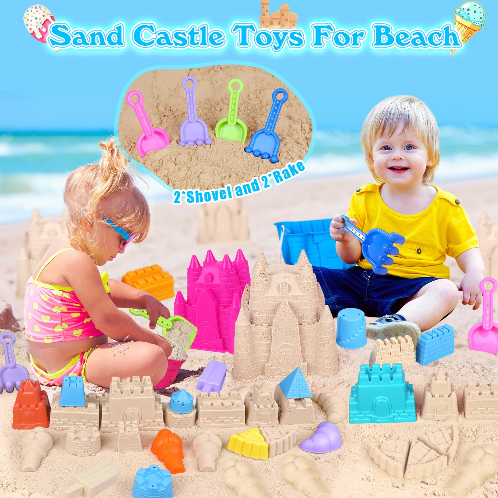 Best Beach Toys for Kids - 12-Piece Sand Castle Set with Buckets, Molds, Shovels & Rakes | Durable Sandbox Toys for Toddlers Ages 3-10 | Includes Mesh Storage Bag | Perfect for Beach, Backyard & Outdoor Play
