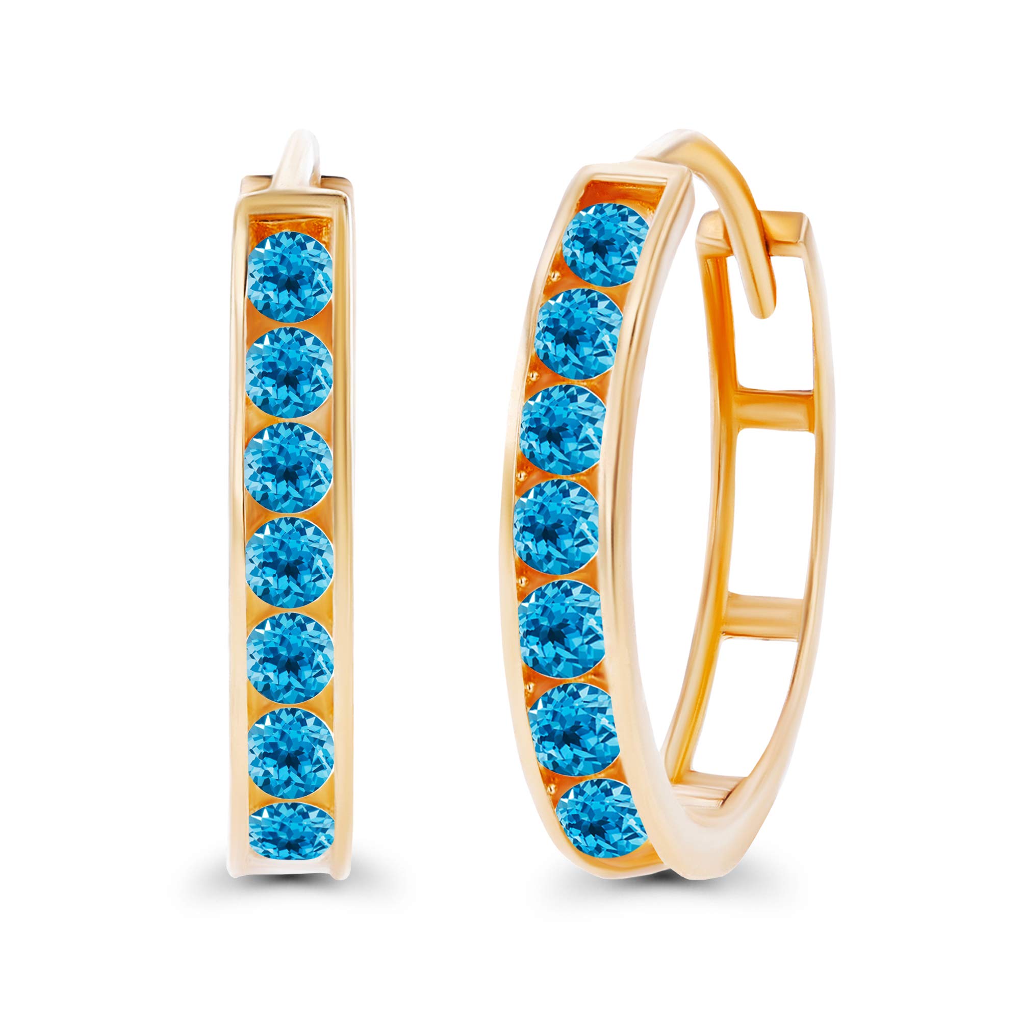 14K Gold 3x17mm Genuine Birthstone Huggie Hoop Earrings for Women | Round 3mm Channel Set | Natural/Created Gemstone Jewelry | Perfect for Birthdays, Anniversaries & Everyday Wear