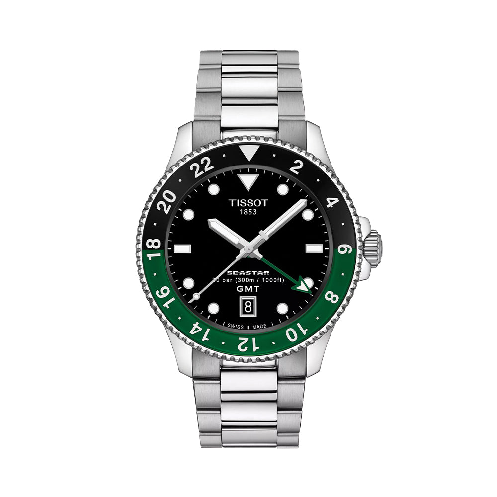 Seastar 1000 GMT Quartz Men's Watch 40mm Black Dial with Green/Black Bezel & Stainless Steel Bracelet - Perfect for Travel, Business & Everyday Wear