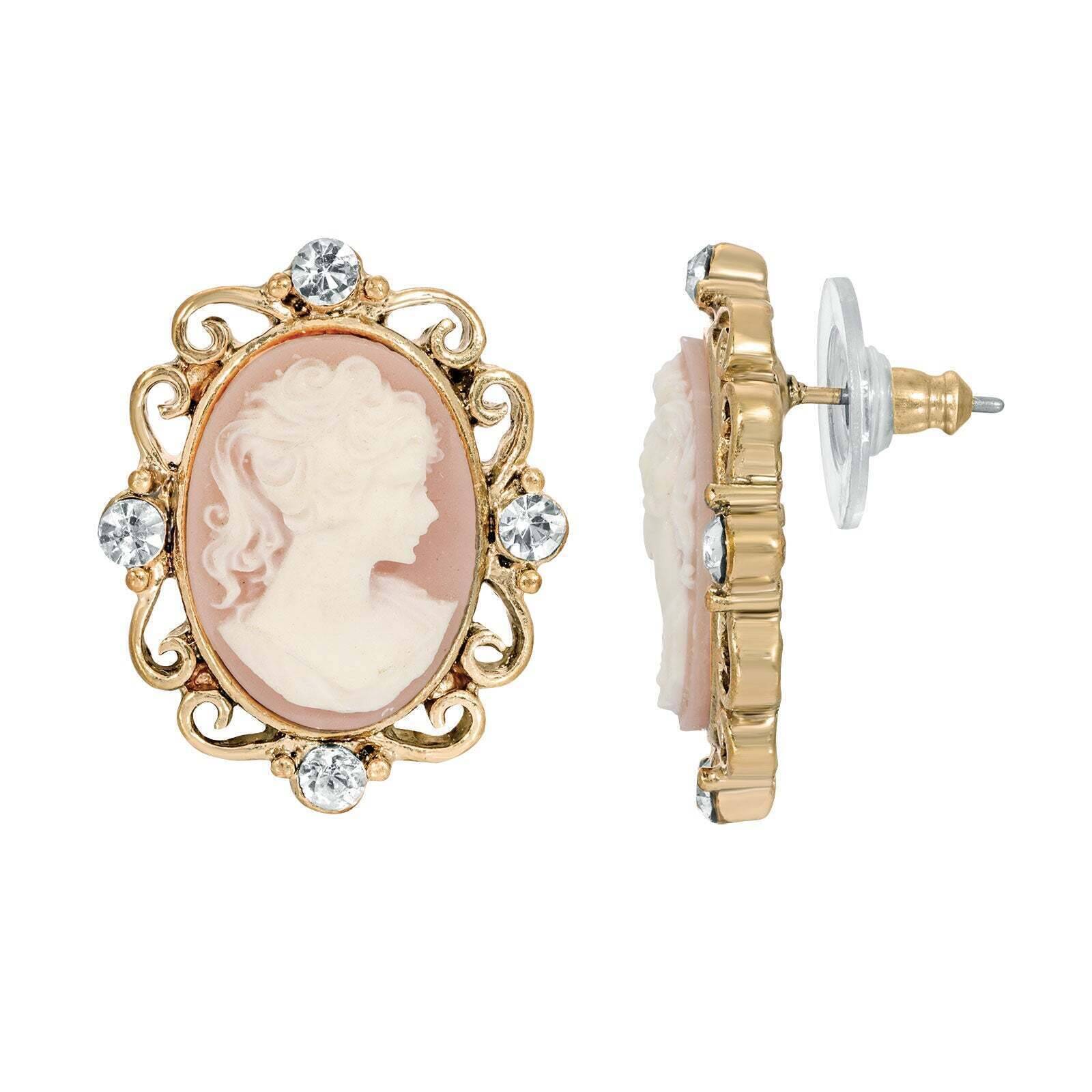 1928 Vintage Pink Cameo Crystal Button Earrings for Women - Elegant Oval Angel Design, Perfect for Weddings, Parties & Special Occasions