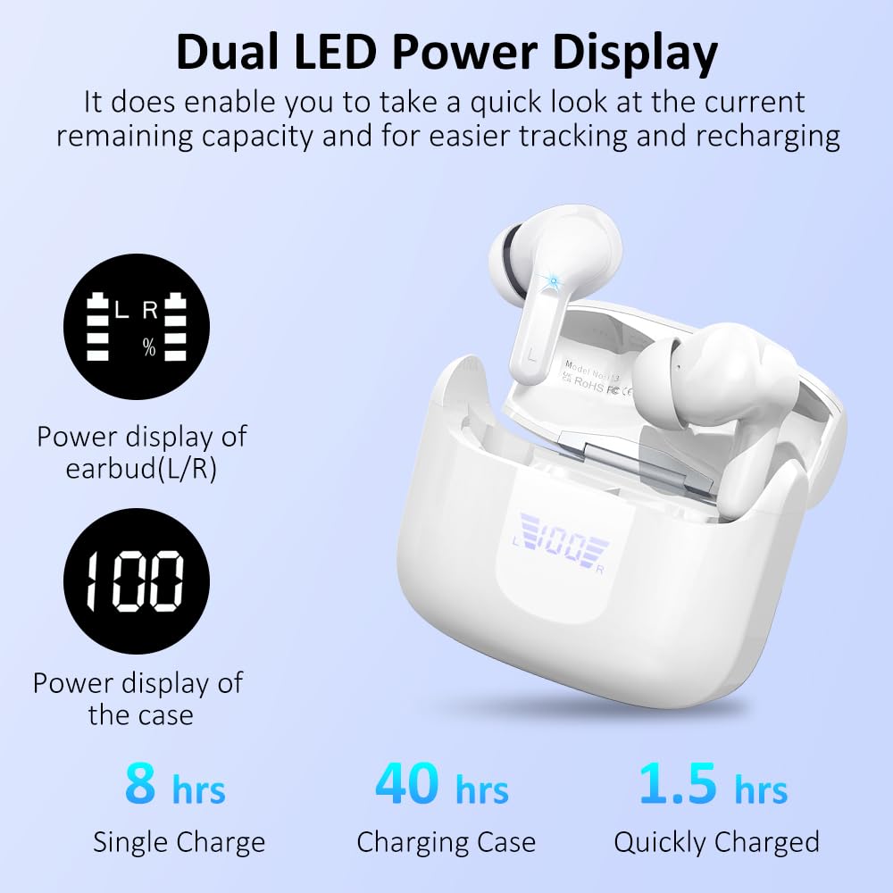 Wireless Earbuds Bluetooth 5.3 Headphones with 4 ENC Noise Cancelling Mic, HiFi Stereo Deep Bass 40H Playtime, IP7 Waterproof LED Display Earphones for Android iOS - Perfect for Gym, Running, Travel & Work Calls