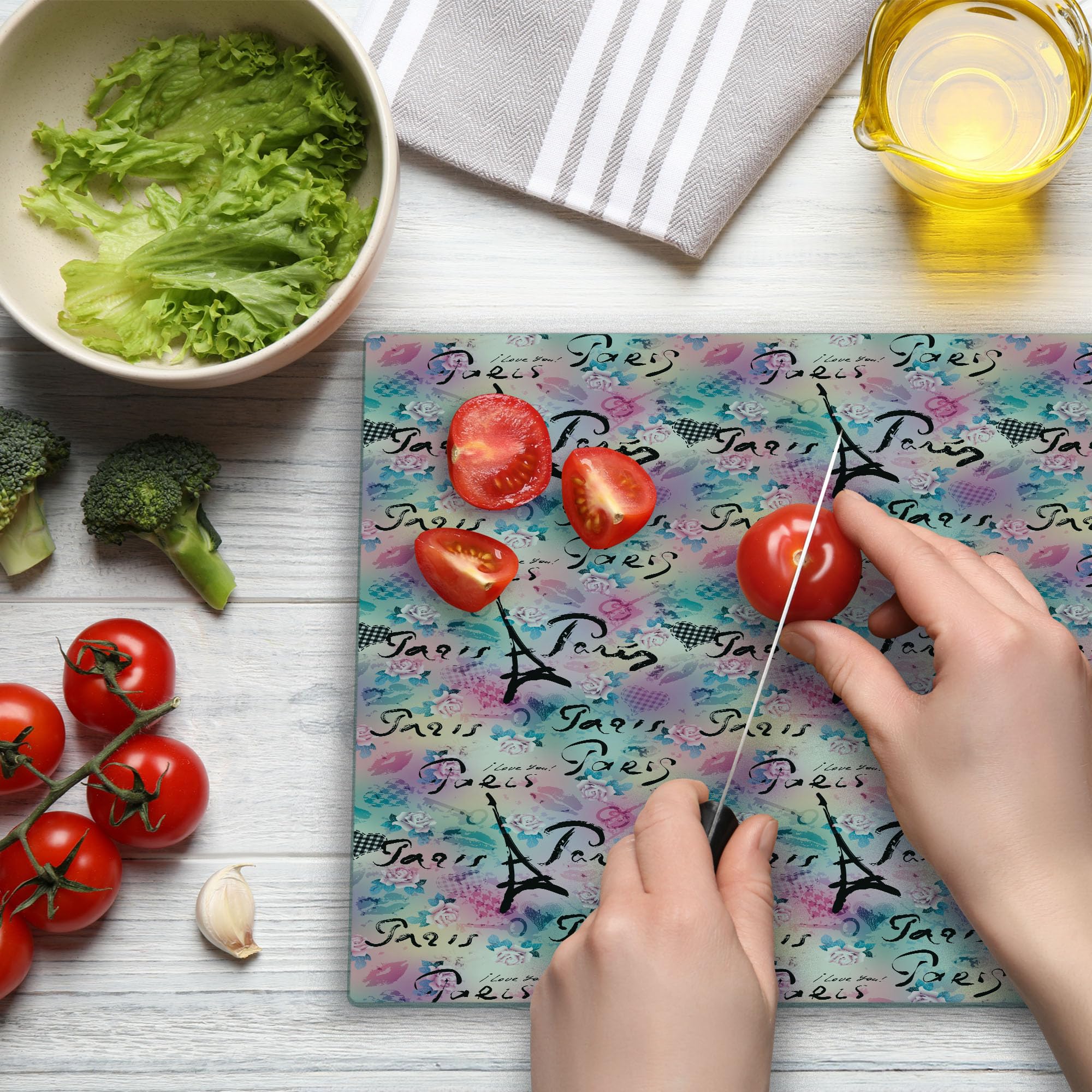 Ambesonne Paris Themed Tempered Glass Cutting Board - French Floral Rose Checkered Hearts Design, Large Decorative Serving Board in Pale Sea Green - Perfect for Kitchen Prep, Charcuterie Display & Romantic Dinner Serving
