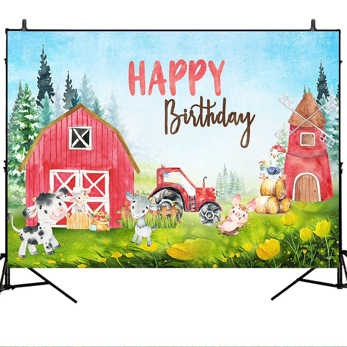 Farm Animal Birthday Backdrop 7x5ft - Red Barn Vinyl Photography Background for Farm Theme Party Decorations | Perfect for Kids Birthday, Baby Shower, and Family Photo Shoots
