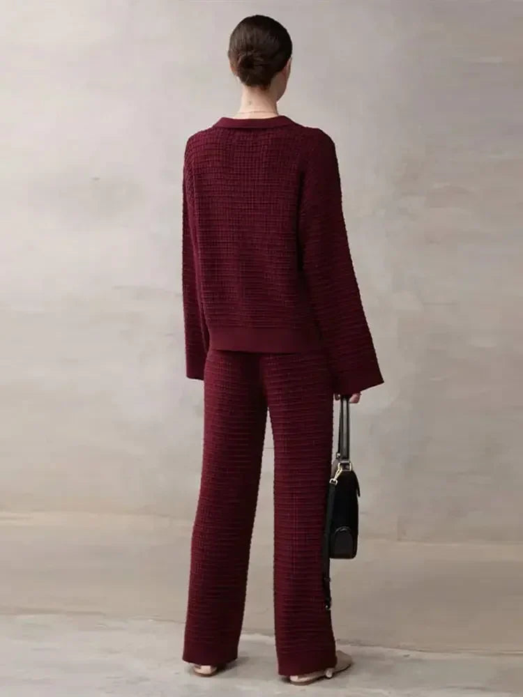 Women's Autumn Wine Red Knit Sweater 2-Piece Set with V-Neck Cardigan & High Waist Wide Leg Pants | Casual Fashion Outfit for Work, Dating & Fall Season