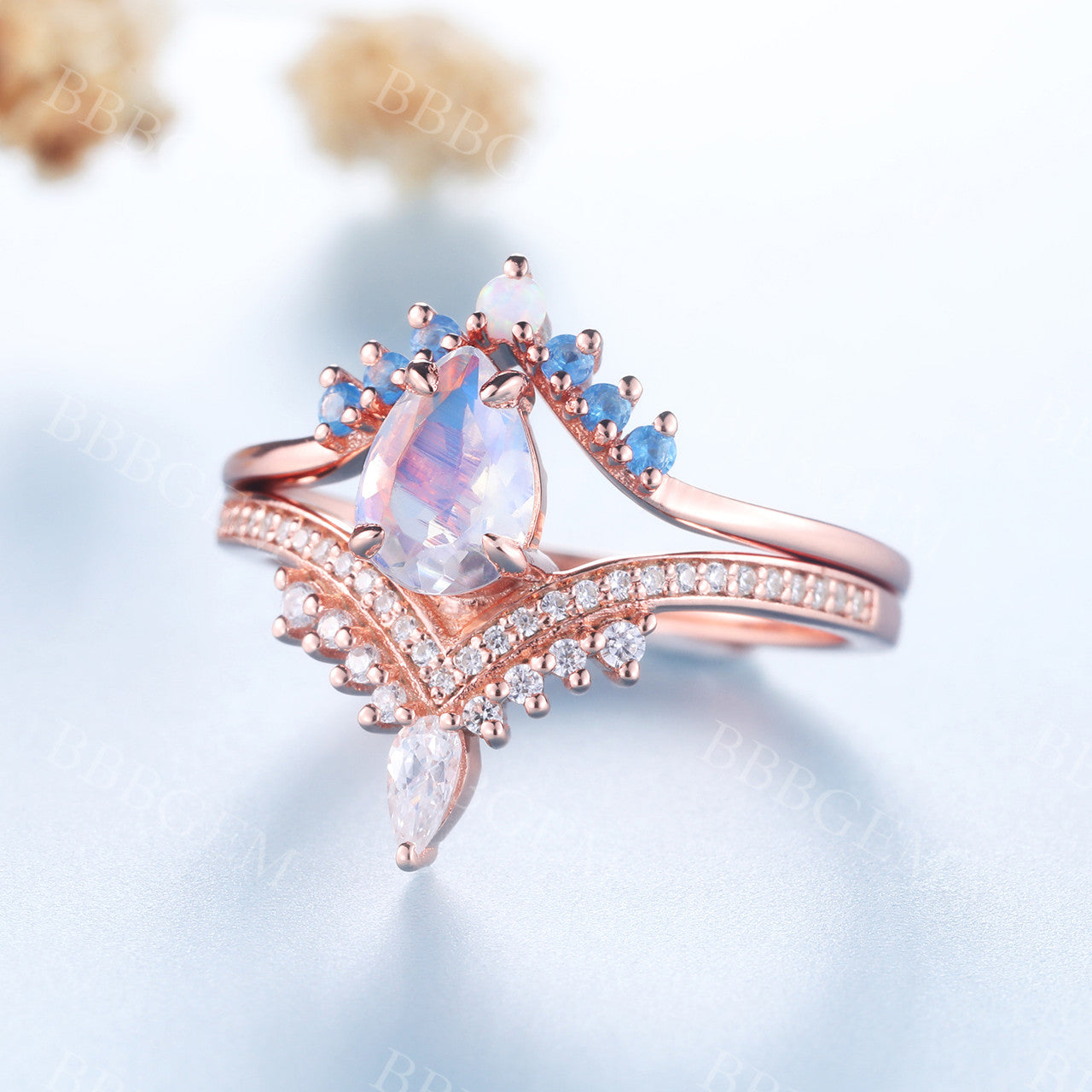 Vintage Rose Gold Moonstone Engagement Ring Set - Antique Bridal Jewelry for Women, Wedding Proposal, Anniversary Gift, Boho Chic Style