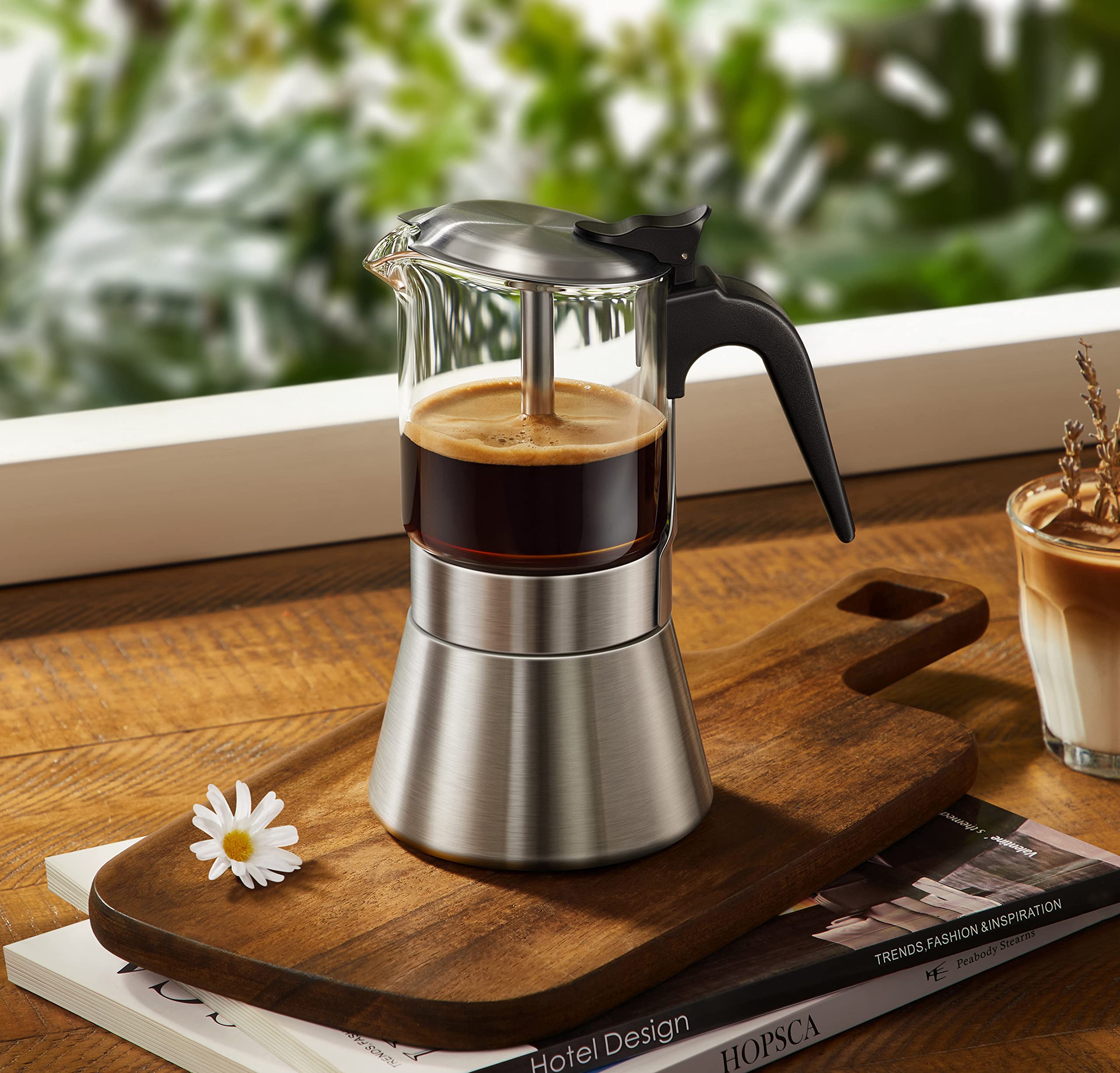 Moka Induction Stovetop Espresso Maker with Pressure Valve - 240ml Stainless Steel Italian Coffee Pot with Crystal Glass Top | Perfect for Home, Office & Camping Coffee Brewing