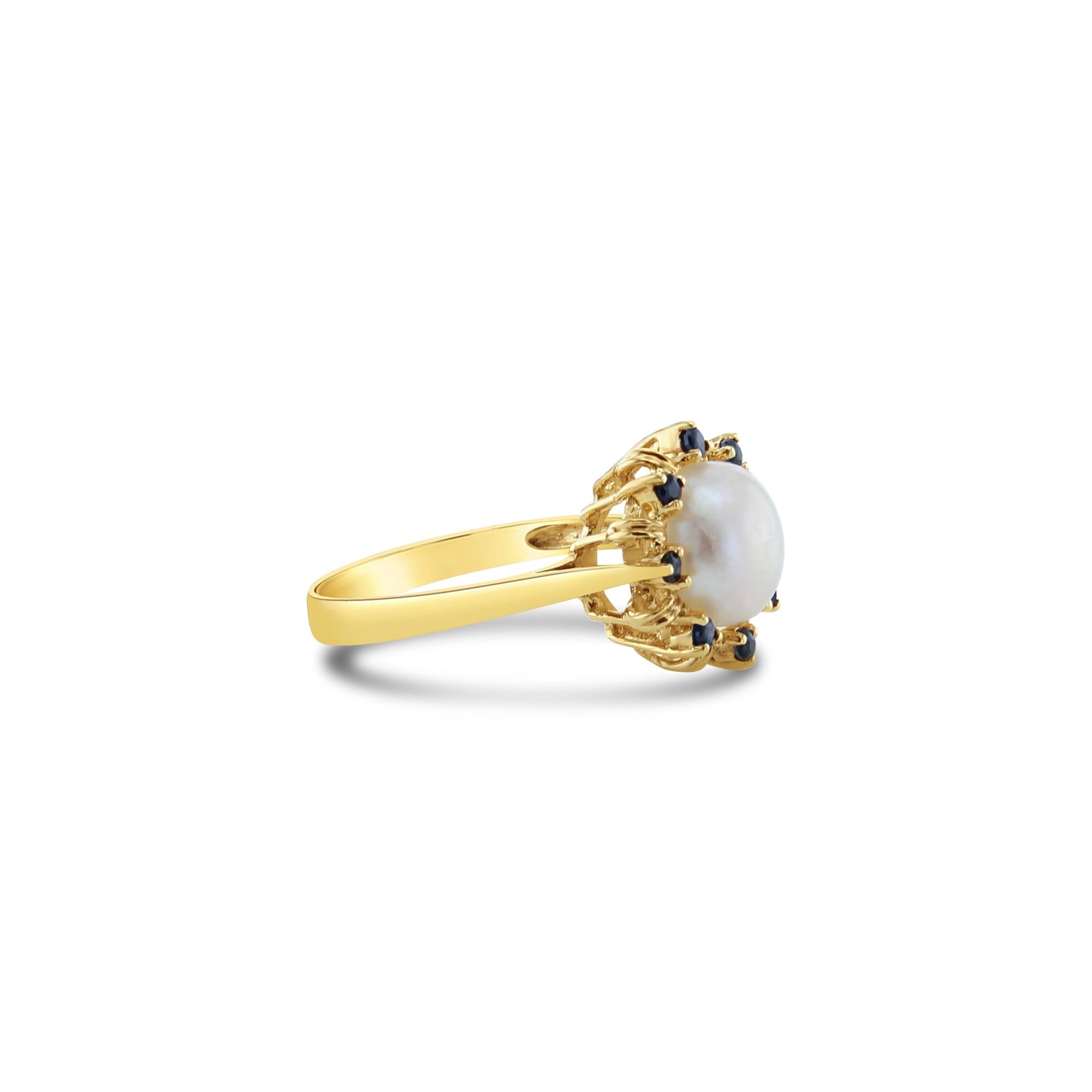 8MM Genuine Pearl Ring with Sapphire Halo in 14k Yellow Gold - Elegant Bridal Jewelry & Anniversary Gift for Women