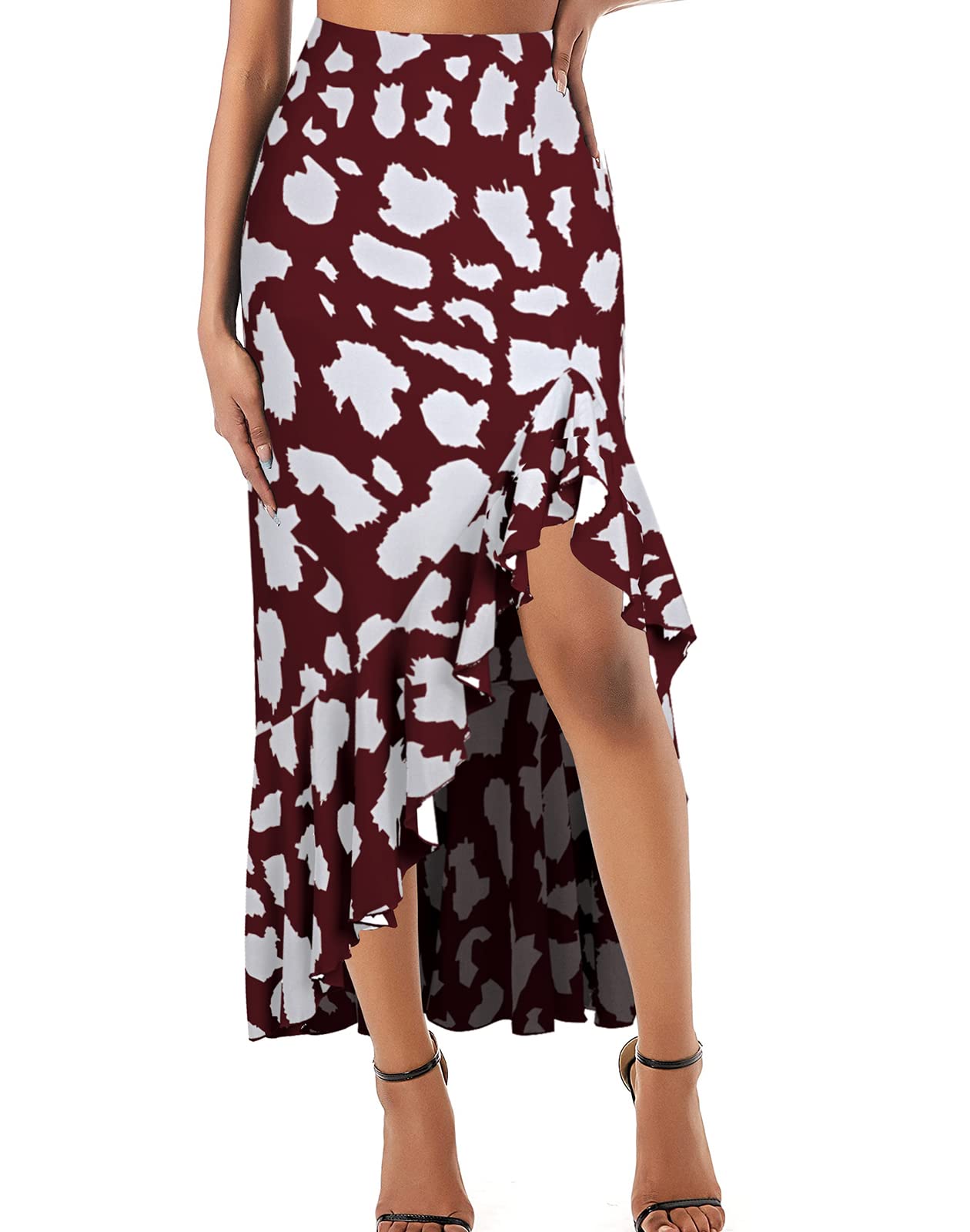 Women's Midi Skirt with Ruffles & High Thigh Split - Animal Print Casual Swing Skirt with Zipper | Perfect for Party, Date Night & Everyday Wear