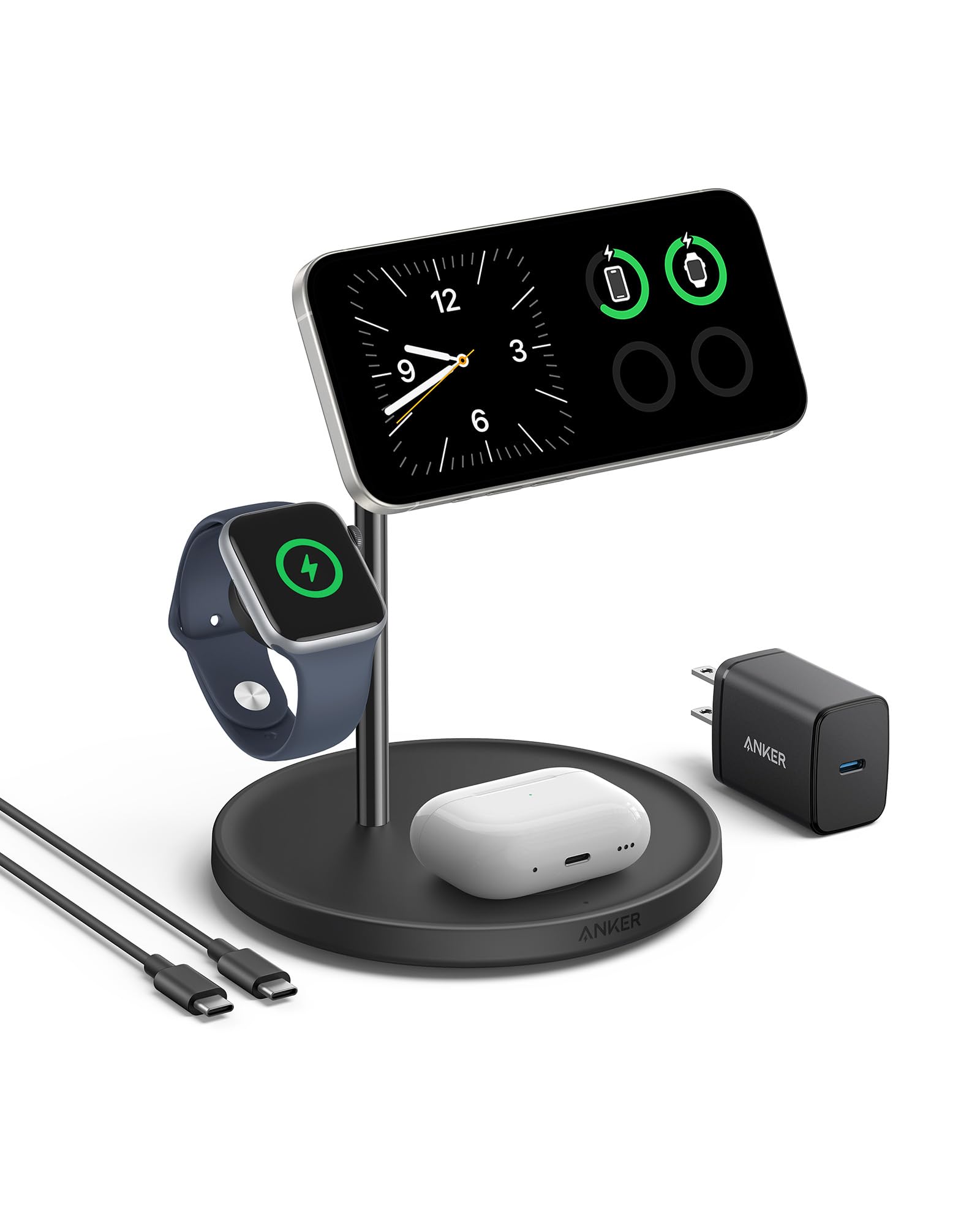 Anker MagGo 3-in-1 Wireless Charging Station - Qi2 Certified 15W Fast Charger | Magsafe Compatible for iPhone 16/15/14/13/12 | Apple Watch & AirPods Charger | Perfect for Office Desk, Nightstand & Travel Accessory