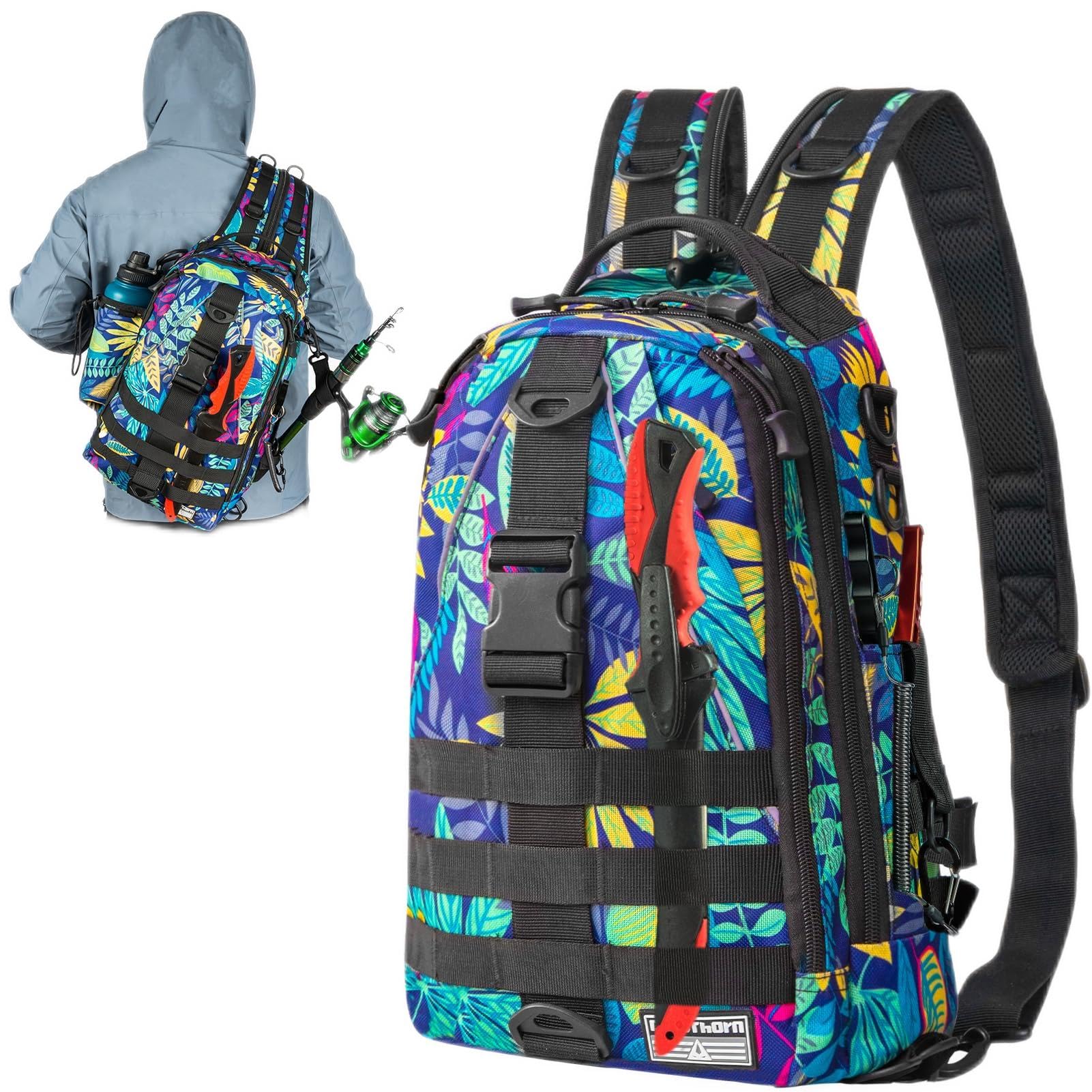 Ghosthorn Fishing Backpack Tackle Sling Bag with Rod Holder - Waterproof Fly Fishing Gear for Men & Women - Perfect for Hiking, Camping and Outdoor Fishing Adventures