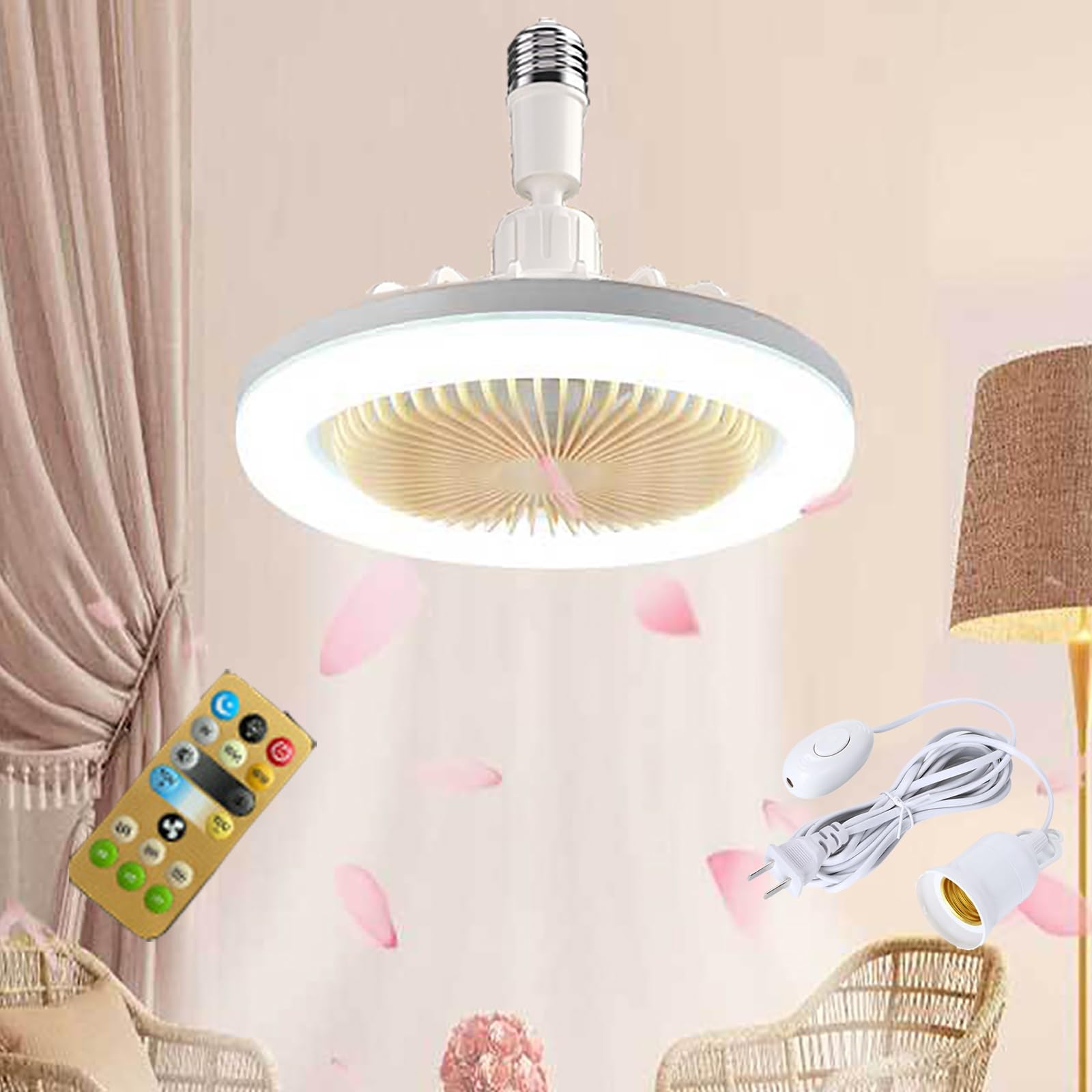 Remote Control Ceiling Fan with LED Light & Aromatherapy Function - 25CM Adjustable E27 Bulb, 5M Power Cord for Bedroom, Living Room (Yellow) - Perfect for Relaxation & Air Circulation