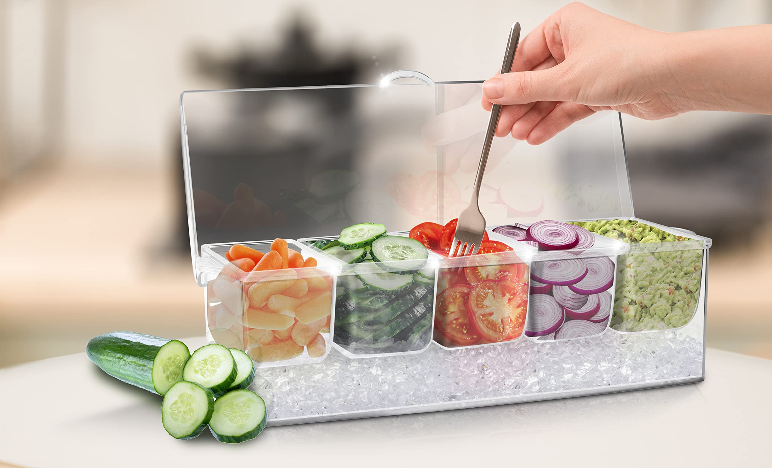 Appetizer Serving Tray with Ice Compartments & Lid - Chilled Shrimp Cocktail Bowl, 5-Section Party Tray for Salads, Fruits & Cold Dishes - Perfect for Entertaining, Buffets & Outdoor Gatherings