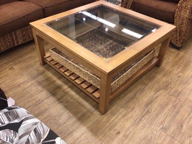 Ethan Allen Modern Coffee Table with Wood Frame, Glass Top & Woven Tray - Stylish Living Room Furniture for Small Spaces, Perfect for Coffee, Books & Decor