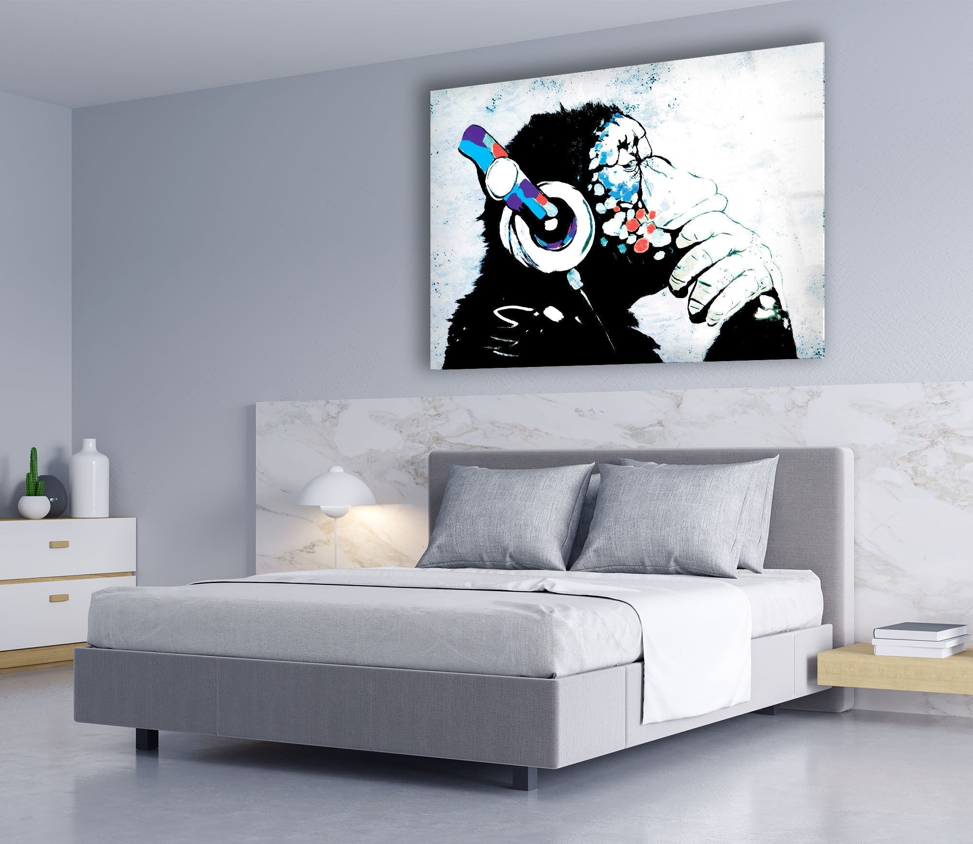Banksy DJ Monkey Glass Wall Art - Modern Home Decor for Living Room, Bedroom & Office - Unique Street Art Gift for Music Lovers