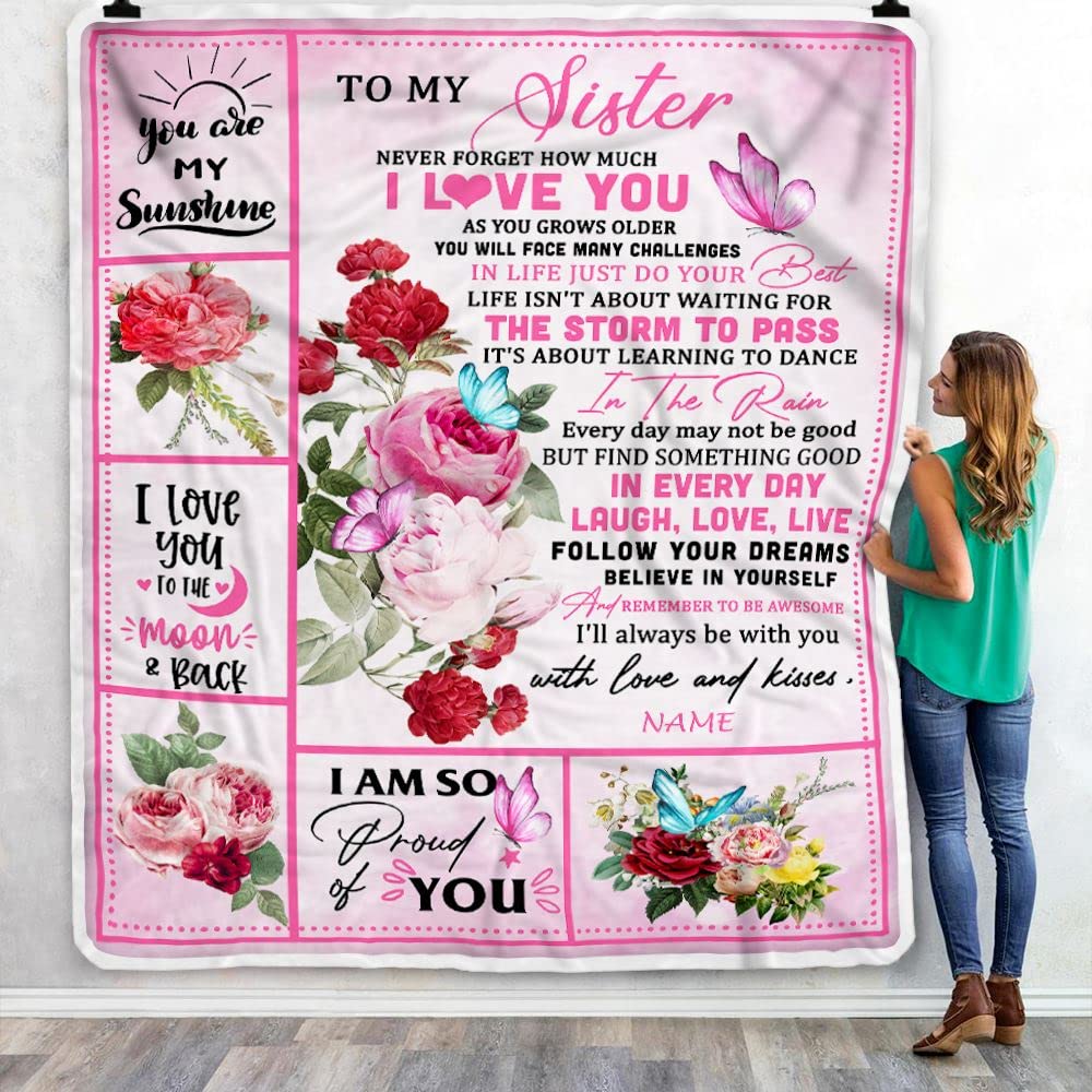 Custom Sister Fleece Blanket - Pink Butterfly Gift for Birthday & Christmas - 50x60 in