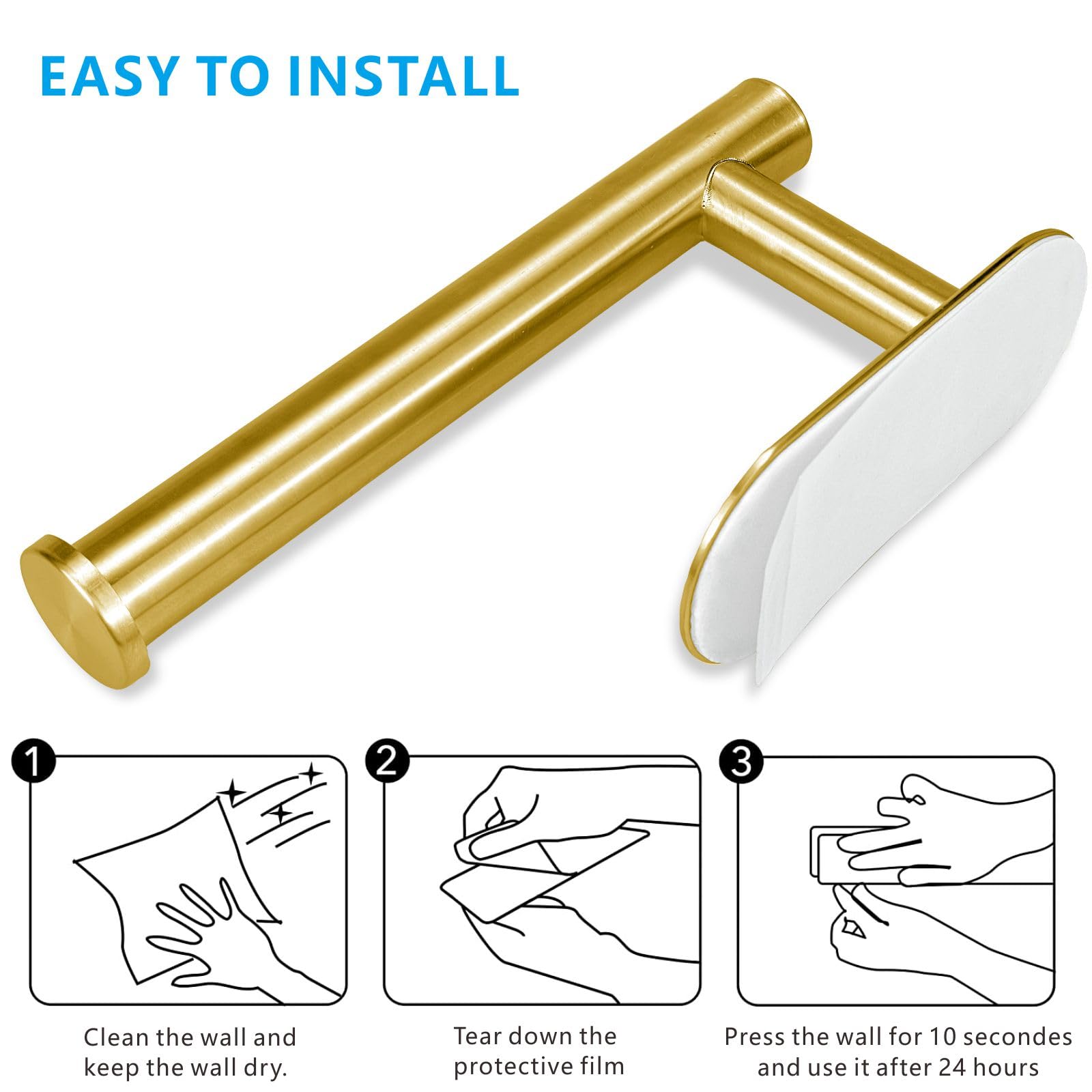 Eolax No Drill Self Adhesive Toilet Paper Holder - 304 Stainless Steel Wall Mount Bathroom Tissue Roll Holder (Gold) - Perfect for Small Spaces, Apartments & RVs