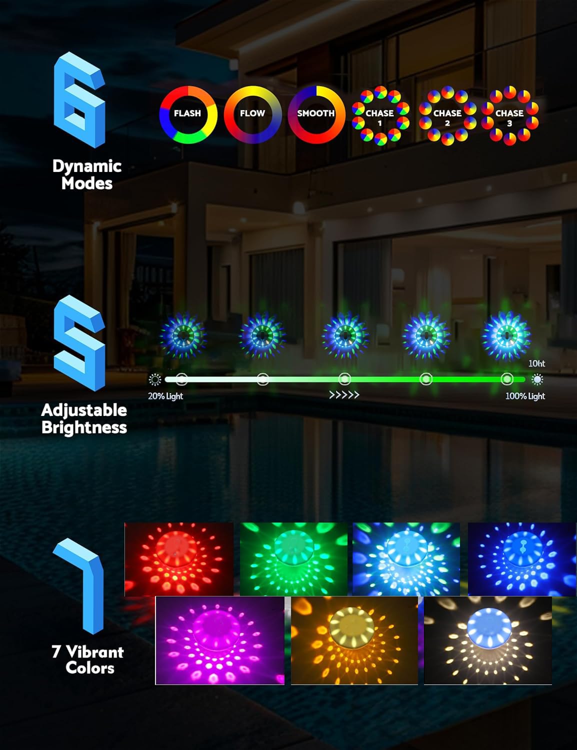 Floating Pool Lights with Remote Control - RGB Color Changing LED Lights for Inground Pools, IP68 Waterproof, 6 Dynamic Lighting Effects - Perfect for Diwali Festival, Backyard Parties & Night Swimming (1 Pack)