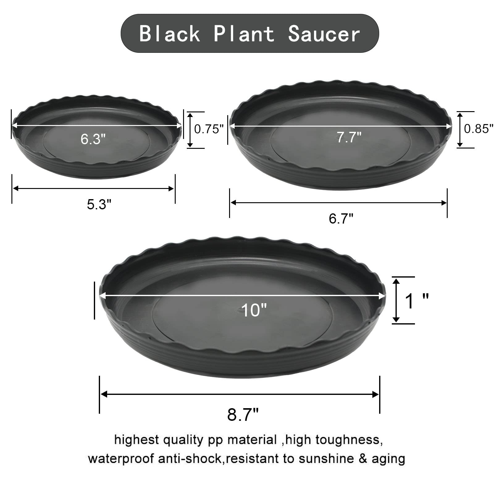 12Pcs Black Plastic Plant Saucers - 6, 8, 10 Inch Durable Round Plant Trays for Indoor & Outdoor Gardening - Perfect Drip Catchers for Pots, Balconies, Greenhouses & Patios
