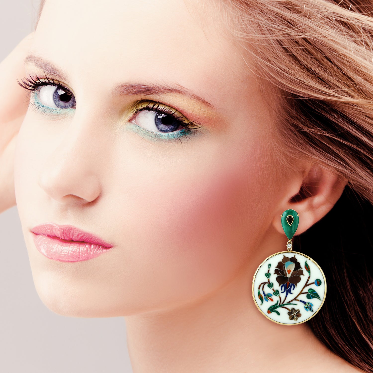 Malachite Bezel Set Quartz Smoky Picture Bakelite Prong Diamond Dangler Earrings in Gold - Elegant Vintage Jewelry for Women, Perfect for Parties, Weddings & Special Occasions