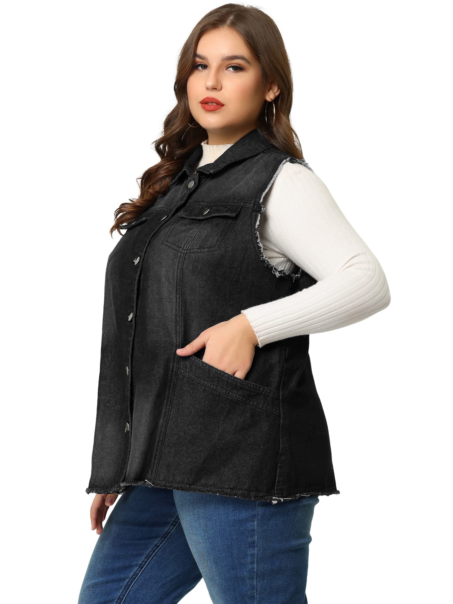 Agnes Orinda Women's Plus Size Denim Jacket 2025 - Button Front Lapel Frayed Washed Sleeveless Long Jean Vest | Casual Outfits, Streetwear & Layering Essential