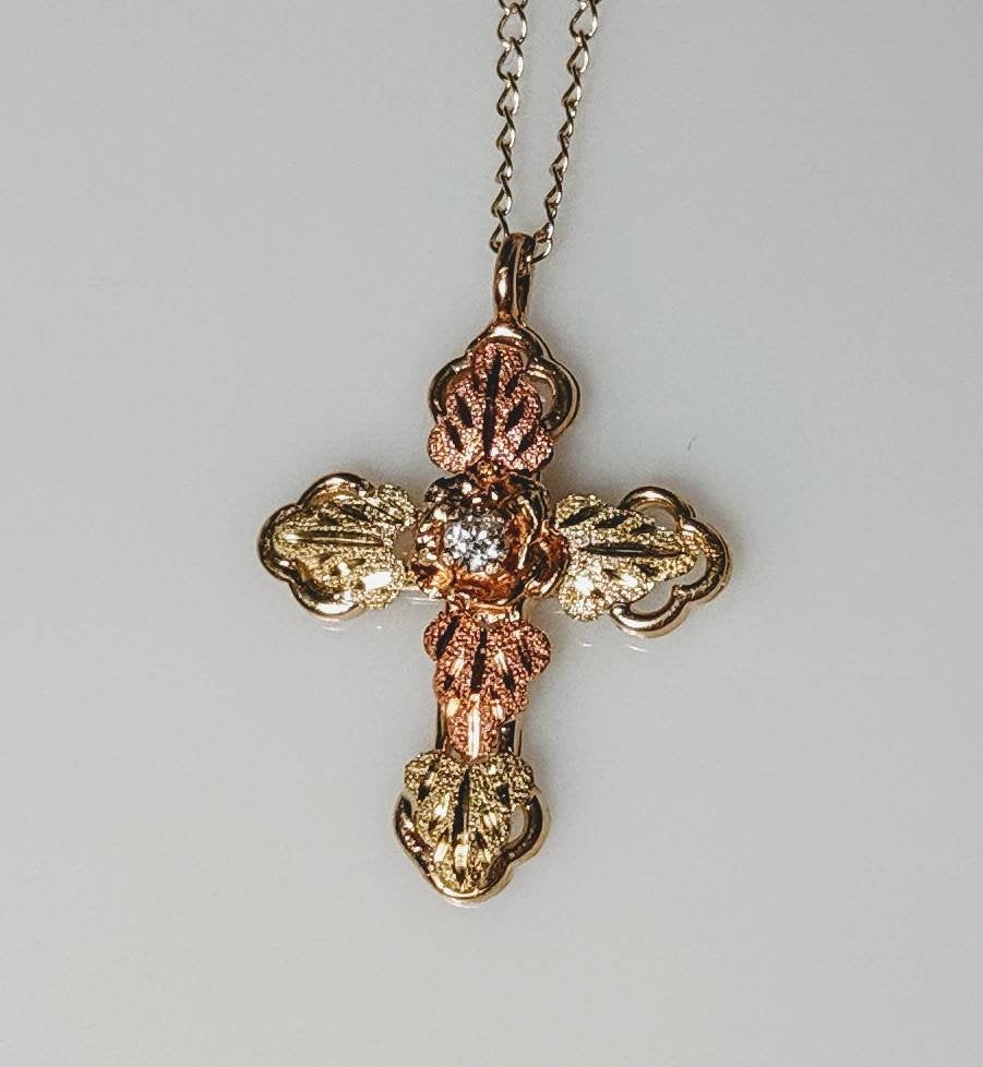 10kt Solid Gold Three-Tone Five-Leaf Cross Pendant with Natural Diamond Accent & Red/Green Enamel Leaves - Includes 18