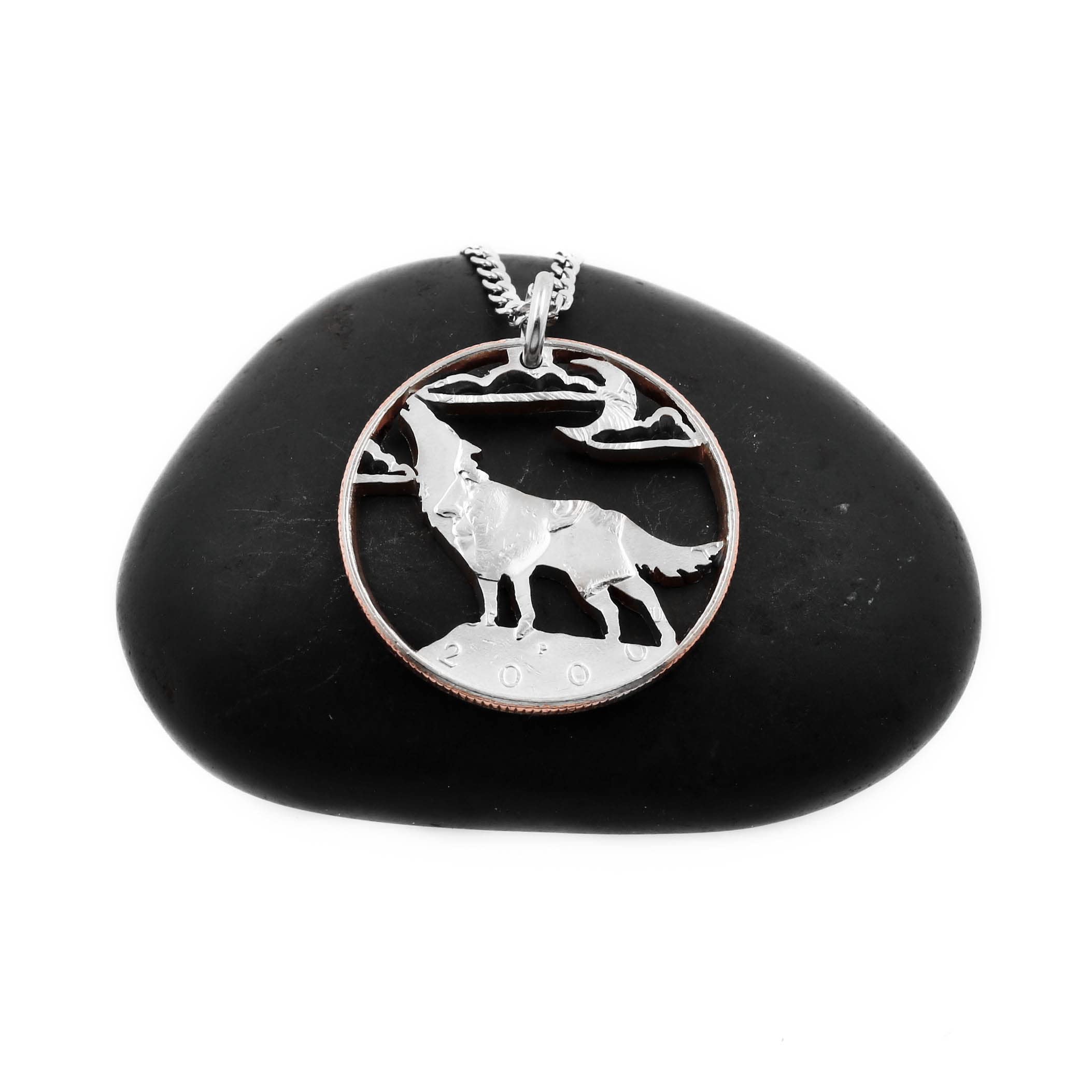 NameCoins Wolf Pendant Necklace - Handcrafted Howling Wolf on Cliff with Moon & Clouds Design - Unique Hand-Cut Coin Jewelry for Nature Lovers & Outdoor Enthusiasts