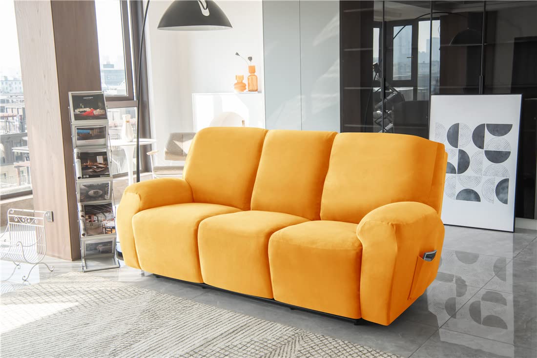 Velvet Recliner Sofa Slipcover - 8 Piece Stretch Furniture Protector for 3 Cushion Reclining Couch with Side Pockets | Machine Washable | Perfect for Living Room, Home Theater & Family Room Comfort