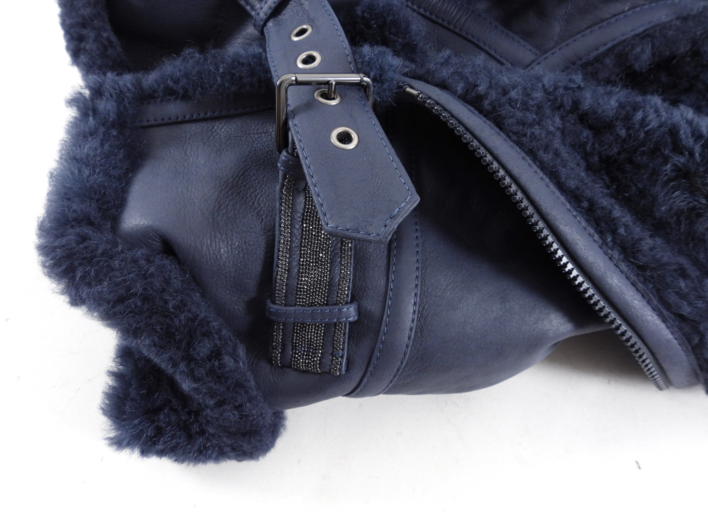 Brunello Cucinelli Midnight Navy Shearling Zip Jacket - Men's Luxury Shearling Coat, Size IT40 / S (4/6) - Perfect for Winter Fashion & Outdoor Activities