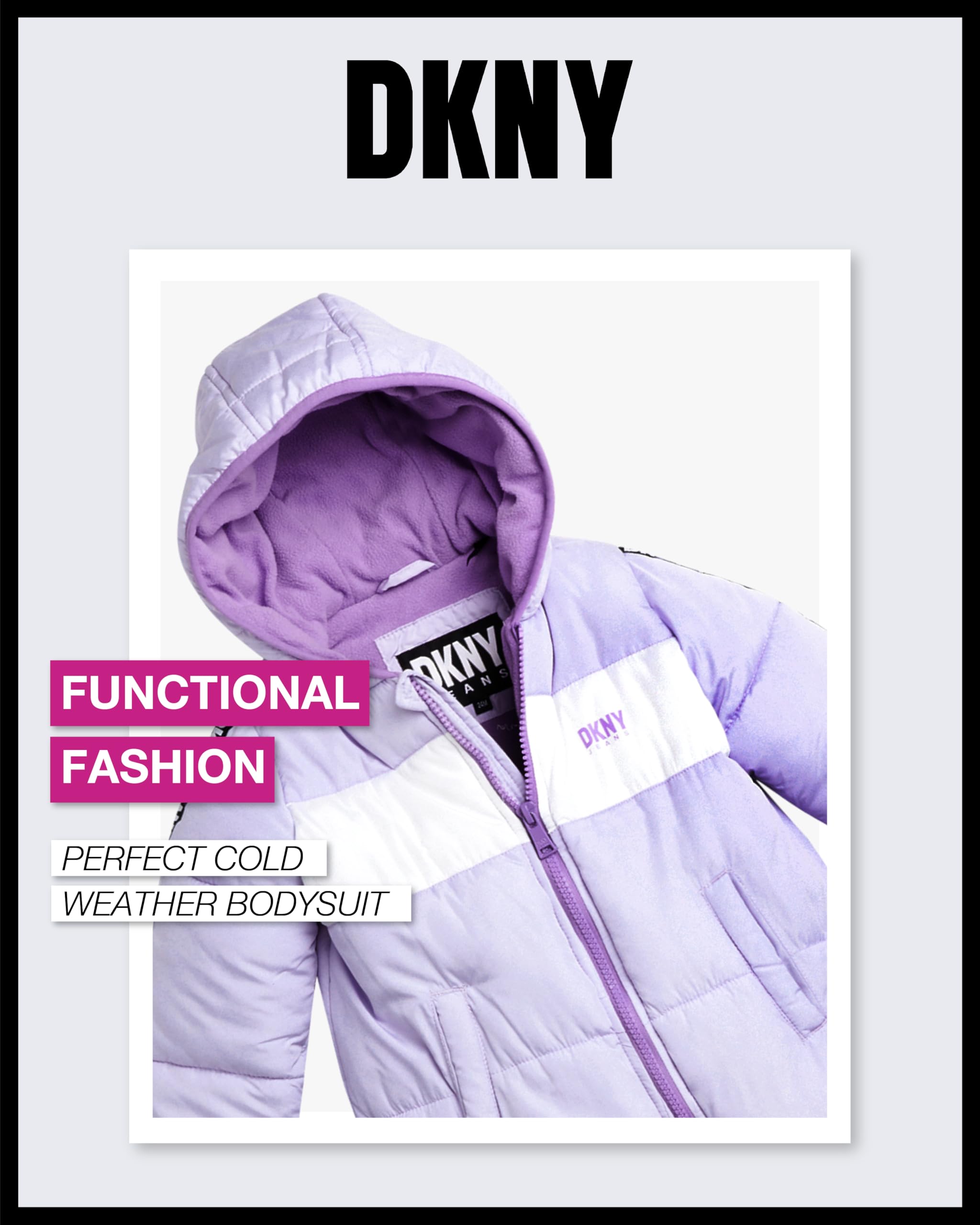 DKNY Baby Girls' Hooded Fleece-Lined Winter Snowsuit - Warm Zip-Up Snow Pram Coat for Newborns & Infants 0-24 Months - Perfect for Outdoor Winter Play, Snow Days & Stroller Walks
