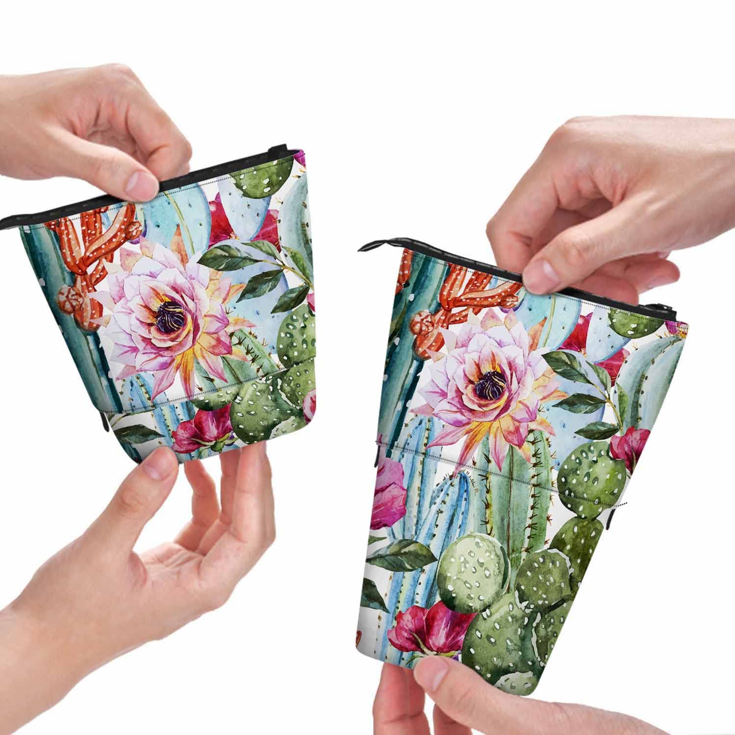 Swono Cactus Pencil Case - Tropical Floral Watercolor Design for Office & Makeup Storage