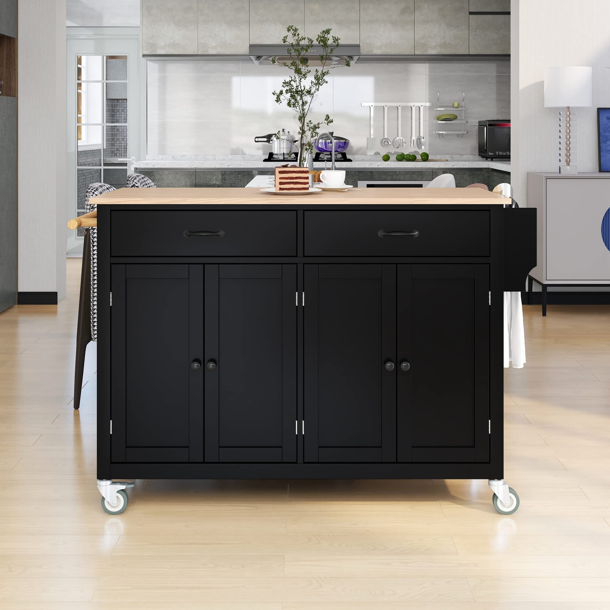 Premium Rolling Kitchen Island Cart with Storage Cabinet & Drawers - Solid Wood Countertop, Lockable Casters, Adjustable Shelves & Towel Rack - Mobile Kitchen Trolley for Small Spaces, Apartments & Home Cooking