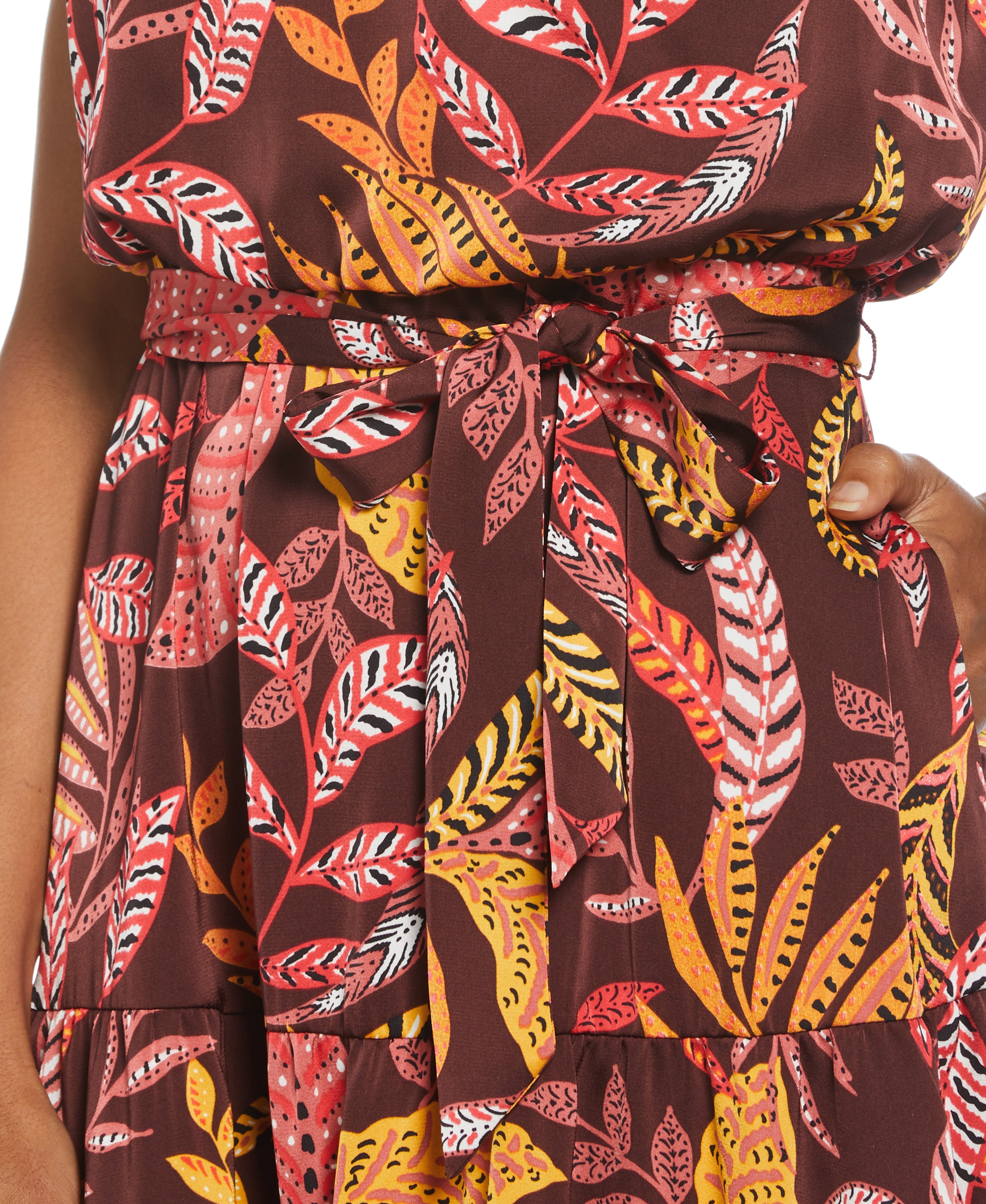 Leaf Print Belted Dress for Women - Floral Wrap Midi Dress with Adjustable Waist Tie - Perfect for Spring, Summer, Office & Casual Outings