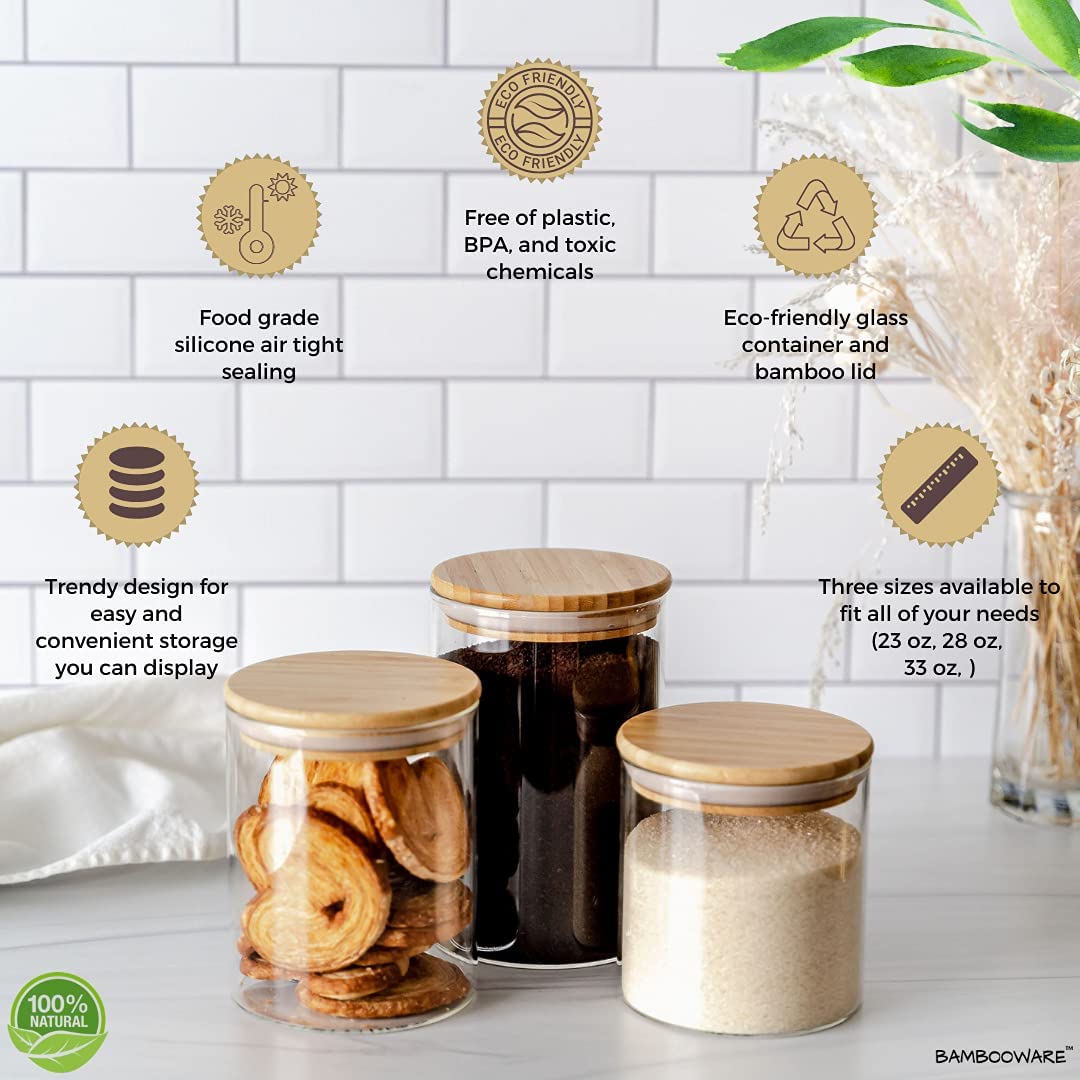 Airtight Glass Storage Containers with Wooden Lids - Set of 3 Kitchen & Pantry Organization Jars for Sugar, Flour, Rice, Pasta, Spices, Candy, Cookies | Perfect for Baking, Meal Prep & Food Storage