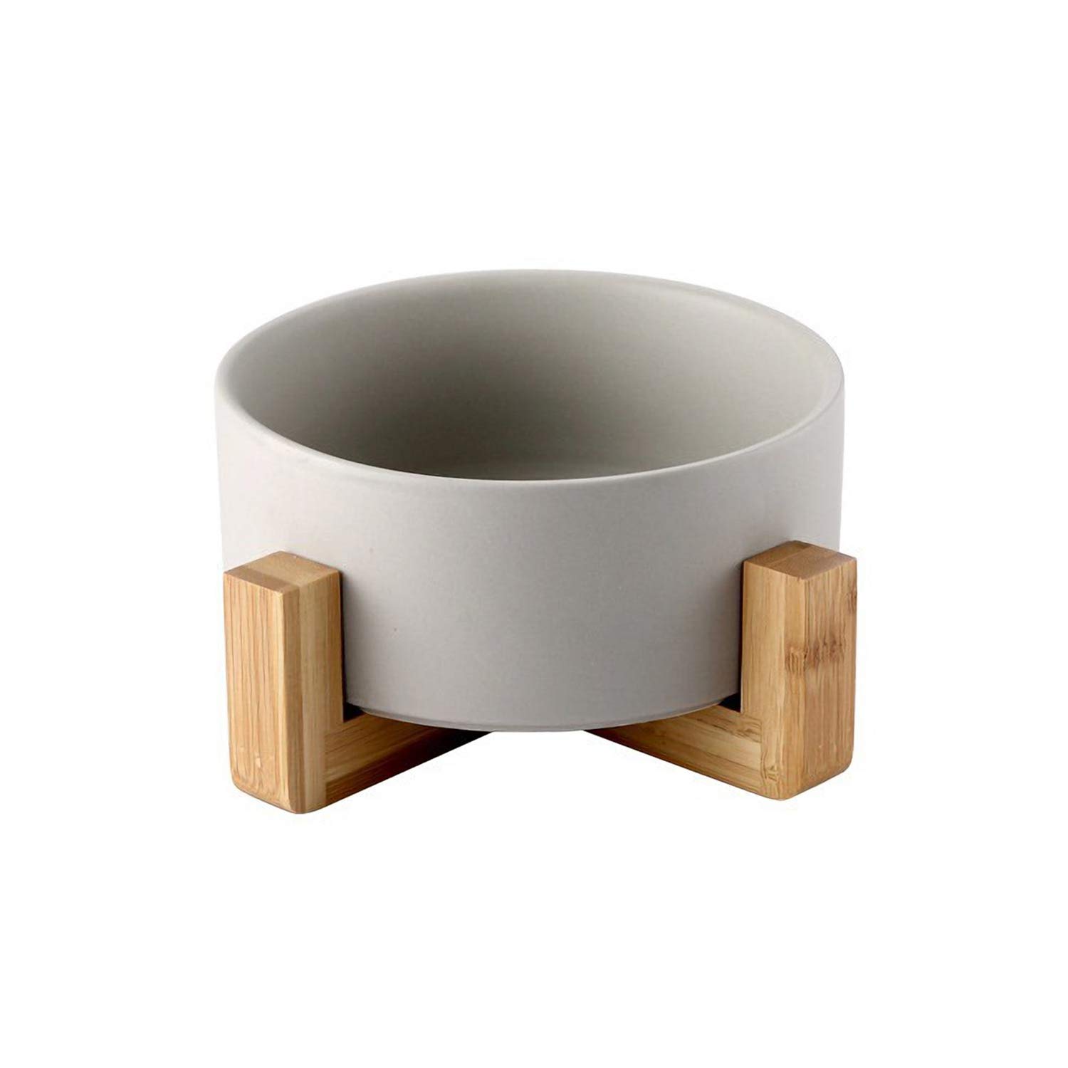 Elevated Ceramic Pet Bowl for Cats & Small Dogs - Non-Slip Wooden Stand Food & Water Dish - Anti-Tip Design for Comfortable Feeding (Matte Grey) - Perfect for Home, Kitchen & Travel Use