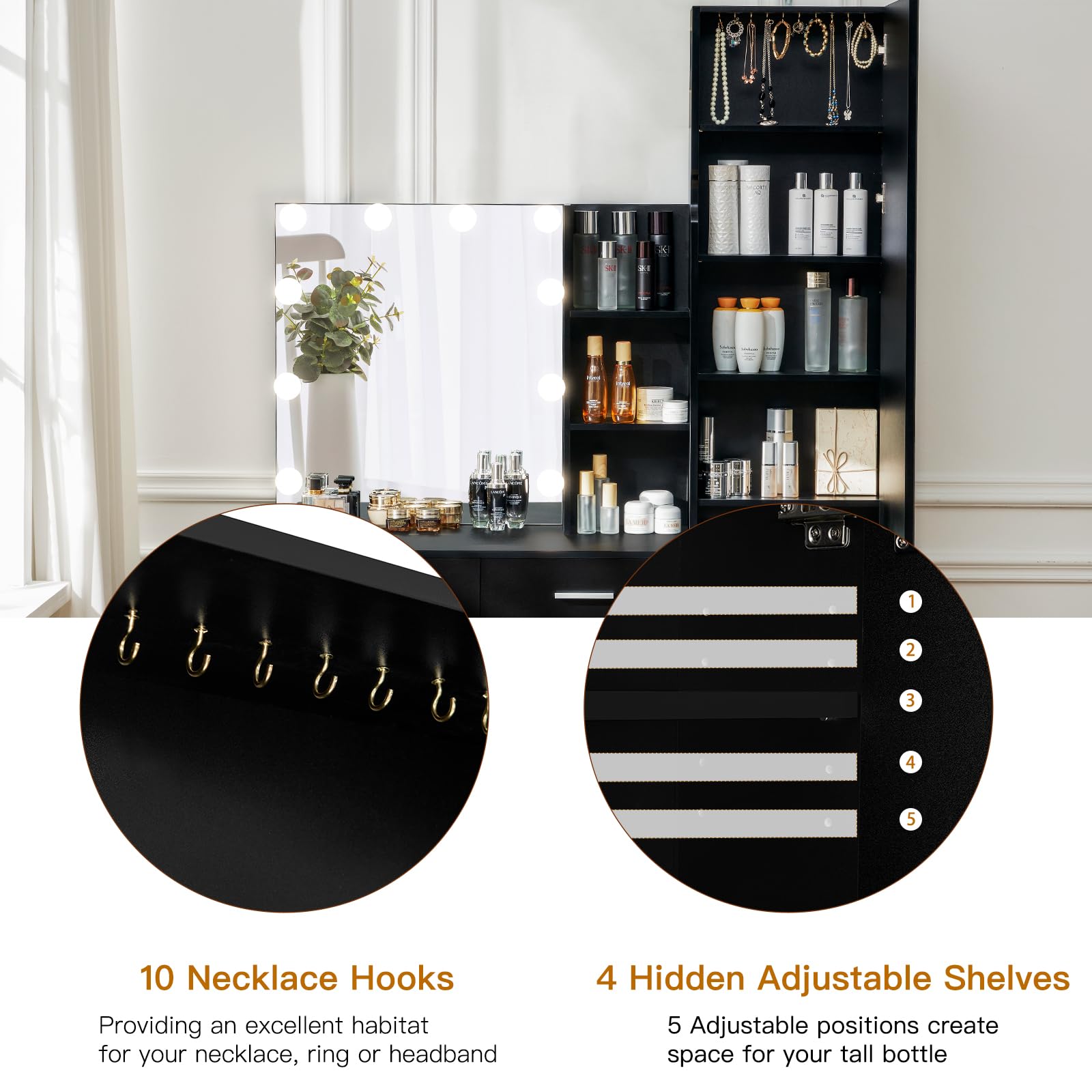 USIKEY Vanity Desk with Full-Length Mirror & LED Lights - Makeup Dressing Table with Jewelry Cabinet, 2 Drawers & 2 Shelves - Elegant Black Vanity Set for Women & Girls - Perfect for Bedroom, Dorm Room or Dressing Area