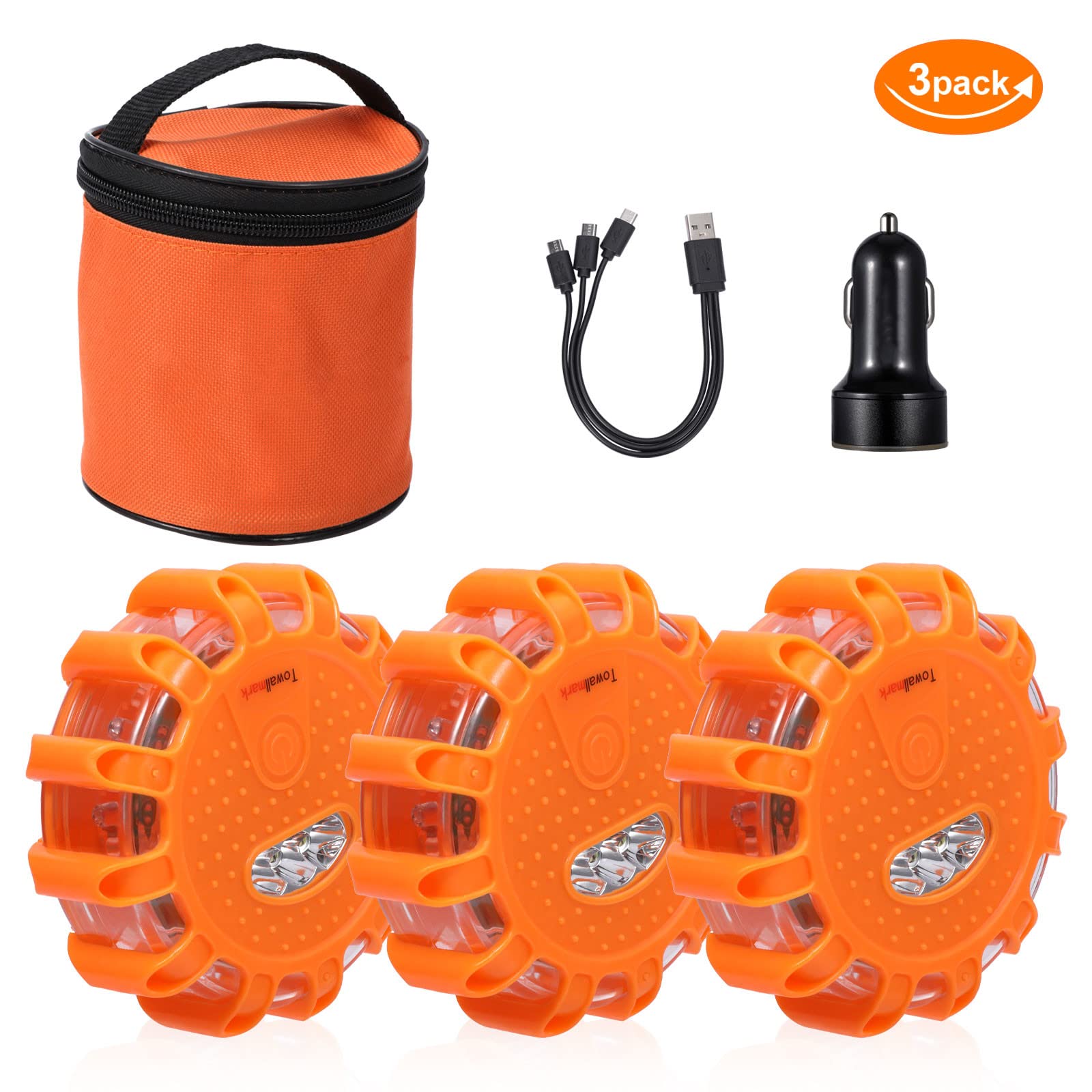 GARVEE 3 Pack USB Rechargeable LED Road Flares - Emergency Warning Lights for Roadside Safety, Magnetic Base & Hook for Cars, Trucks, Boats - Includes 1 USB Car Charger & Batteries - Perfect for Nighttime Breakdowns, Camping & Marine Emergencies