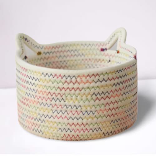 Avanroolux Small Cotton Rope Basket with Cat Ears - Cute Storage Bin for Socks, Pet Toys, Desk Organizer - Round Handled Mini Basket for Home, Office, Nursery (Beige) - Perfect for Organizing Small Items, Pet Accessories, and Decorative Storage