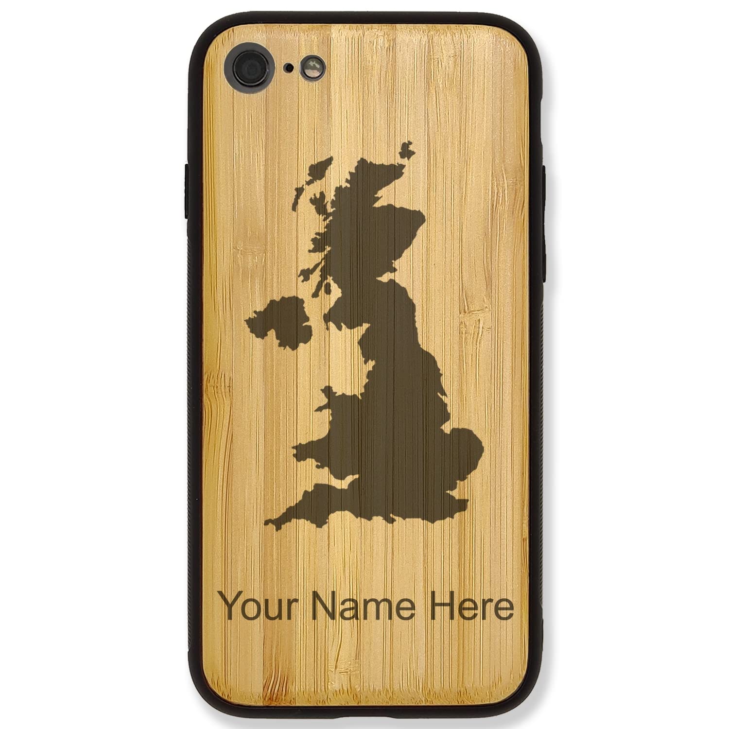 **Personalized Bamboo Phone Case for iPhone 7 & iPhone 8 - UK Country Silhouette Design with Free Engraving | Perfect Gift & Travel Accessory**