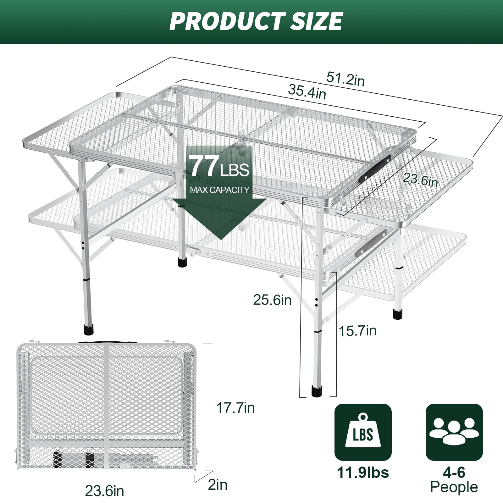 WildFinder 3x2 FT Adjustable Height Folding Camping Table with 2 Wing Panels & Mesh Desktop - Portable Outdoor Picnic BBQ Beach Table with Carry Bag (Silver) - Perfect for Camping, Tailgating, Backyard Parties & Beach Outings