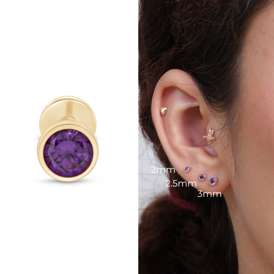 14K Yellow Gold Round Amethyst Stud Earrings - Flat Back Bezel Set Gemstone Jewelry for Women, Gift for Her, Perfect for Everyday Wear & Special Occasions