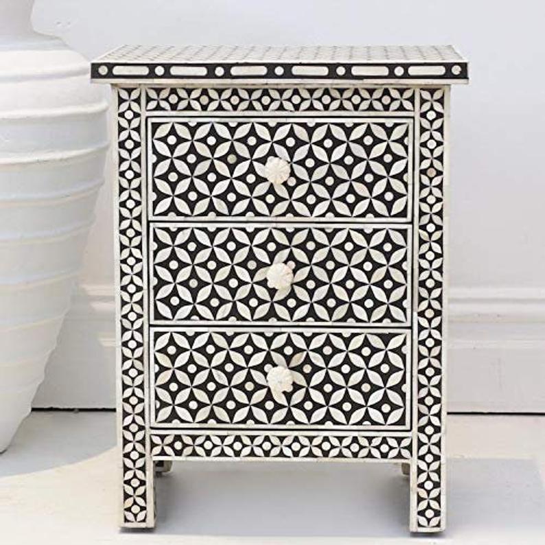 Handmade Bone Inlay Geometric Eye Design Nightstand - Black Accent Table for Bedroom, Living Room & Office | Vintage Boho Decor Side Table with Intricate Patterns
