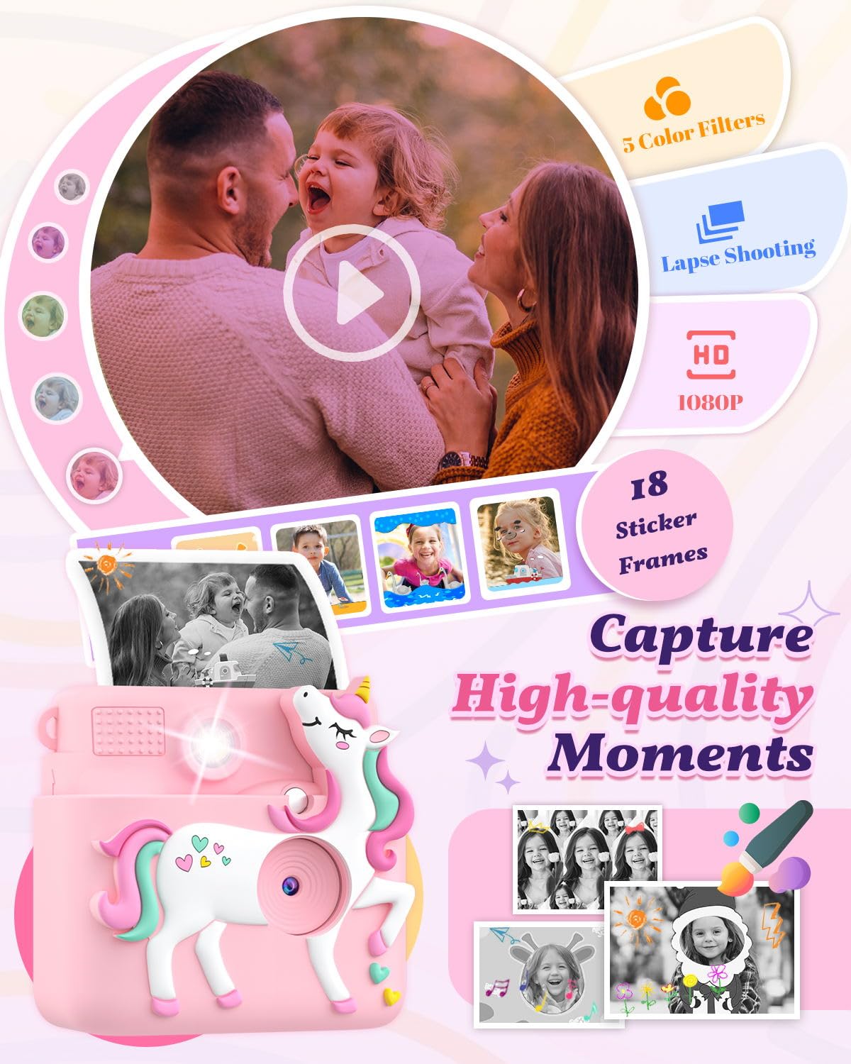 Instant Print Kids Camera 1080P - Best Birthday & Christmas Gift for Girls Age 3-12 | Includes 3 Photo Paper Rolls & 32GB Card (Pink) - Perfect for Playtime, Travel & Creative Photography