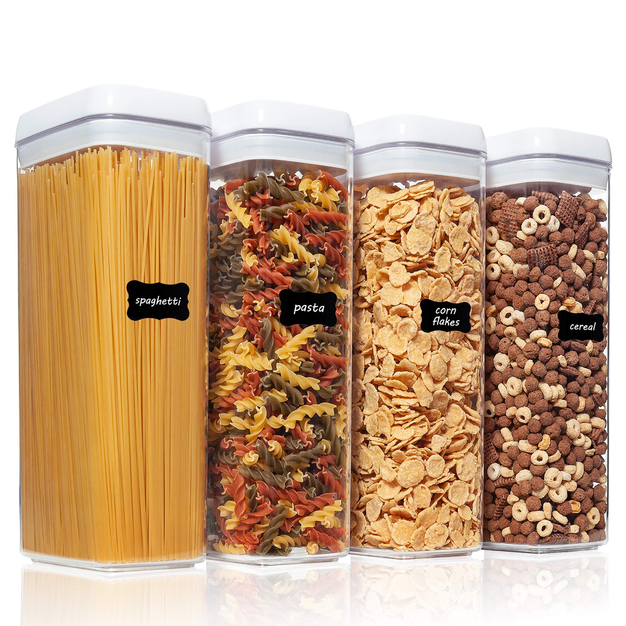 Vtopmart 4-Piece Airtight Food Storage Containers Set - BPA-Free Plastic Spaghetti & Pasta Storage with Secure Locking Lids - Perfect for Kitchen Pantry Organization, Meal Prep & Leftovers - Includes 24 Labels (White) - Ideal for Home, Office & Dorm Use