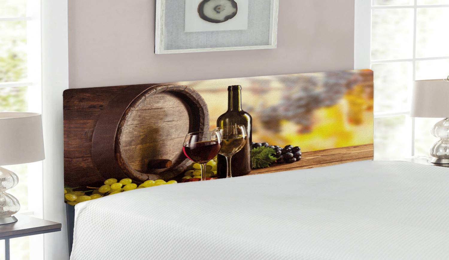 Ambesonne Queen Size Upholstered Wine Headboard - Red & White Wine Bottle Design on Wooden Keg, Decorative Metal Bed Frame with Memory Foam in Brown, Pale Green & Yellow | Perfect for Bedroom, Guest Room & Wine-Themed Decor